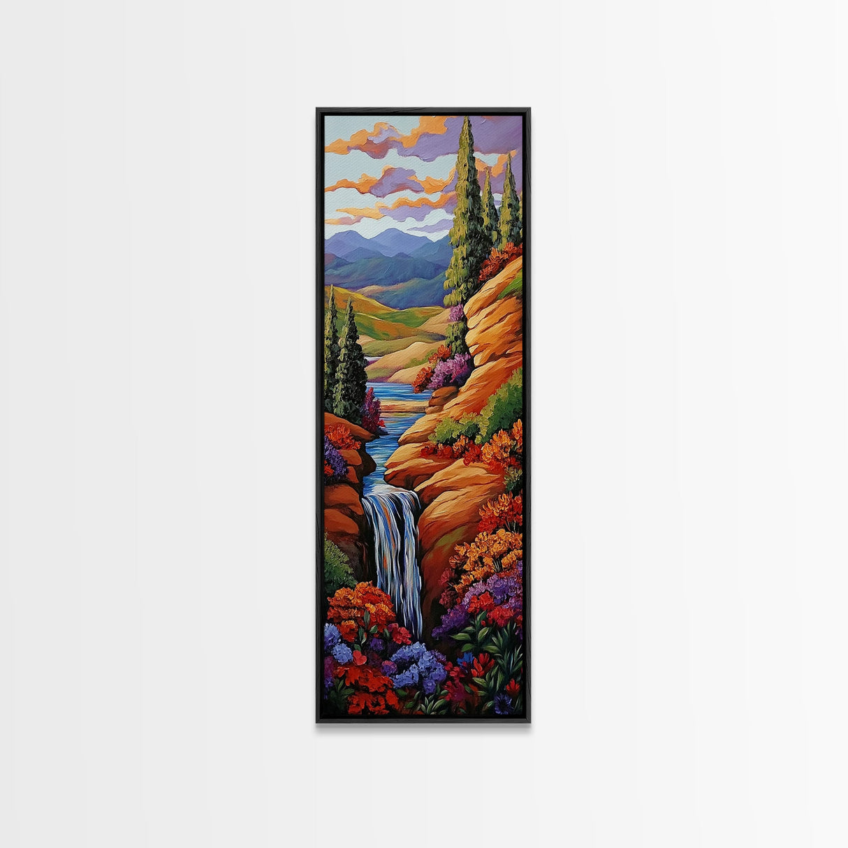Autumn Waterfall, Flowers, Pathway, Framed Canvas Print, fall waterfall art, floral canyon decor, rustic landscape, living room wall art