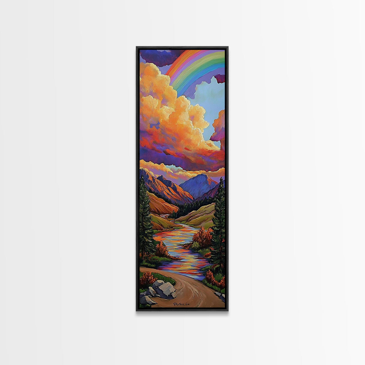 Rainbow Mountains, Sunset, Reflection, Framed Canvas Print, Rainbow landscape canvas, colorful scenic view, cabin wall art, mountain decor