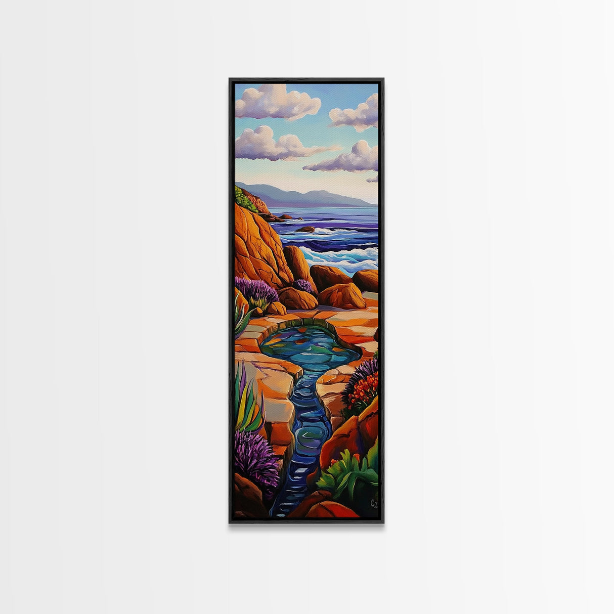 Waves Rocks, Ocean, Pastel, Framed Canvas Print, Crashing wave pastel seascape painting, calming ocean wall decor, coastal home design