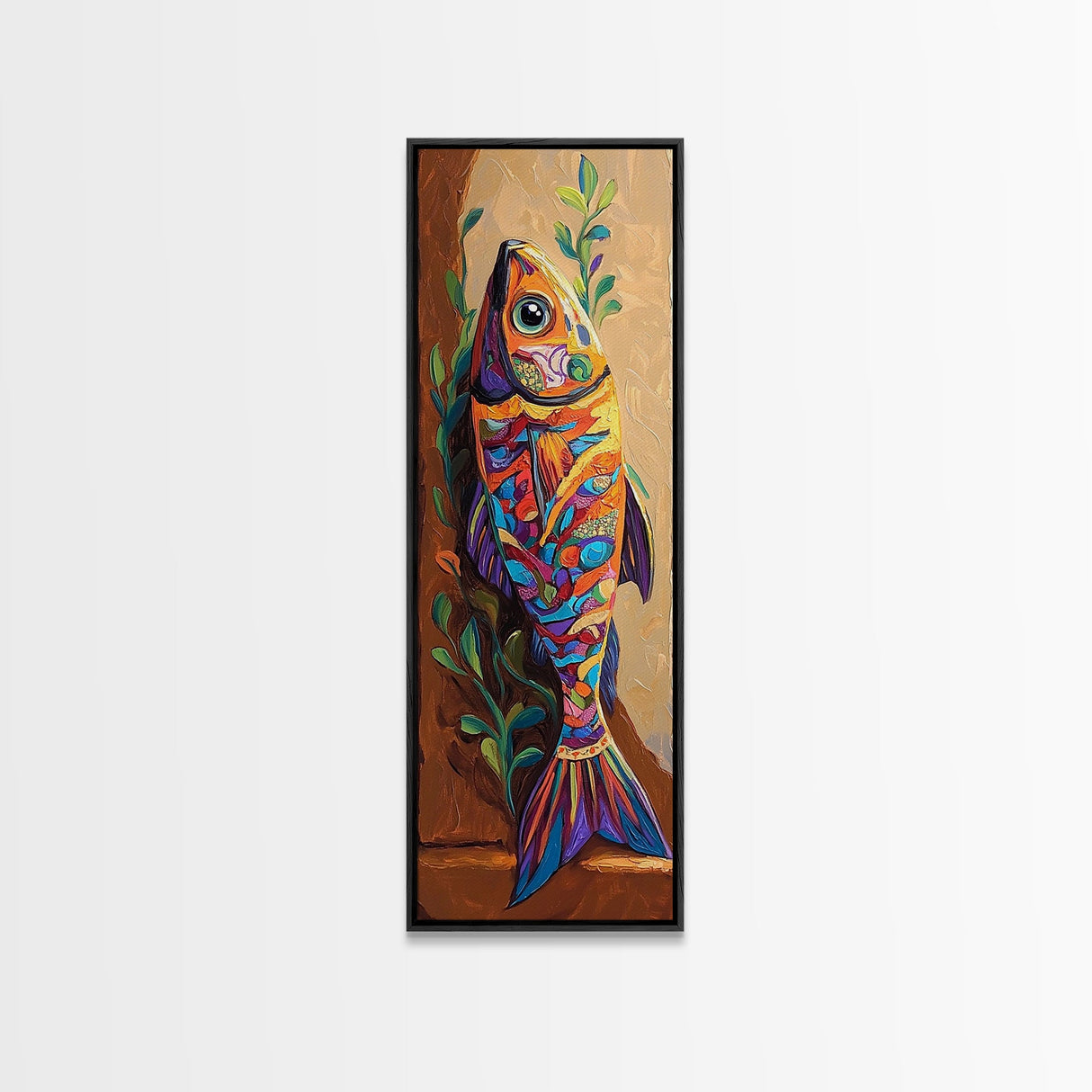 Colorful Fish, Folk Painting, Canvas Print Mexican folk art kitchen decor, ocean wall art, playful seafood theme, rustic coastal kitchen