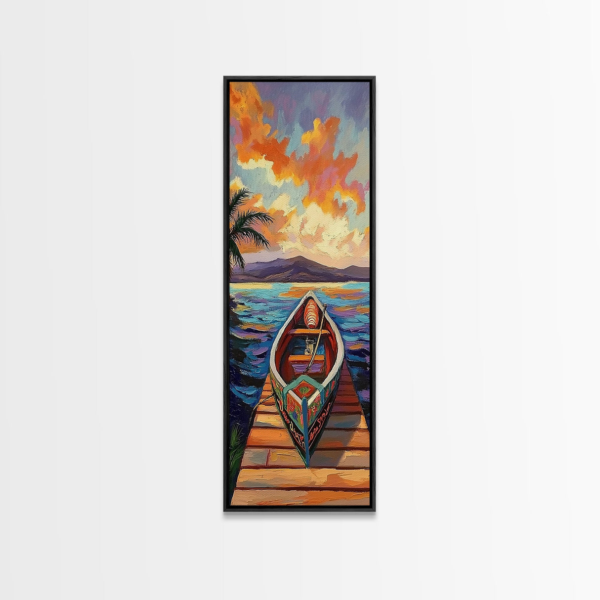 Tropical Boat Sunset Painting, Canvas Print coastal boat art, Caribbean vibe, boho beach house decor, entryway or bathroom wall piece