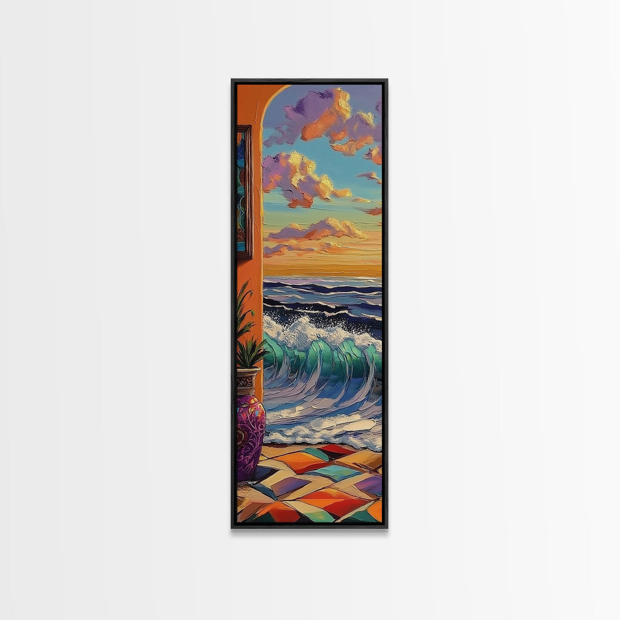 Waves Archway, Ocean, Framed Canvas Print, Coastal Wall Art, Colorful Boho Living Room Decor, Mediterranean Beach Home Accent Piece