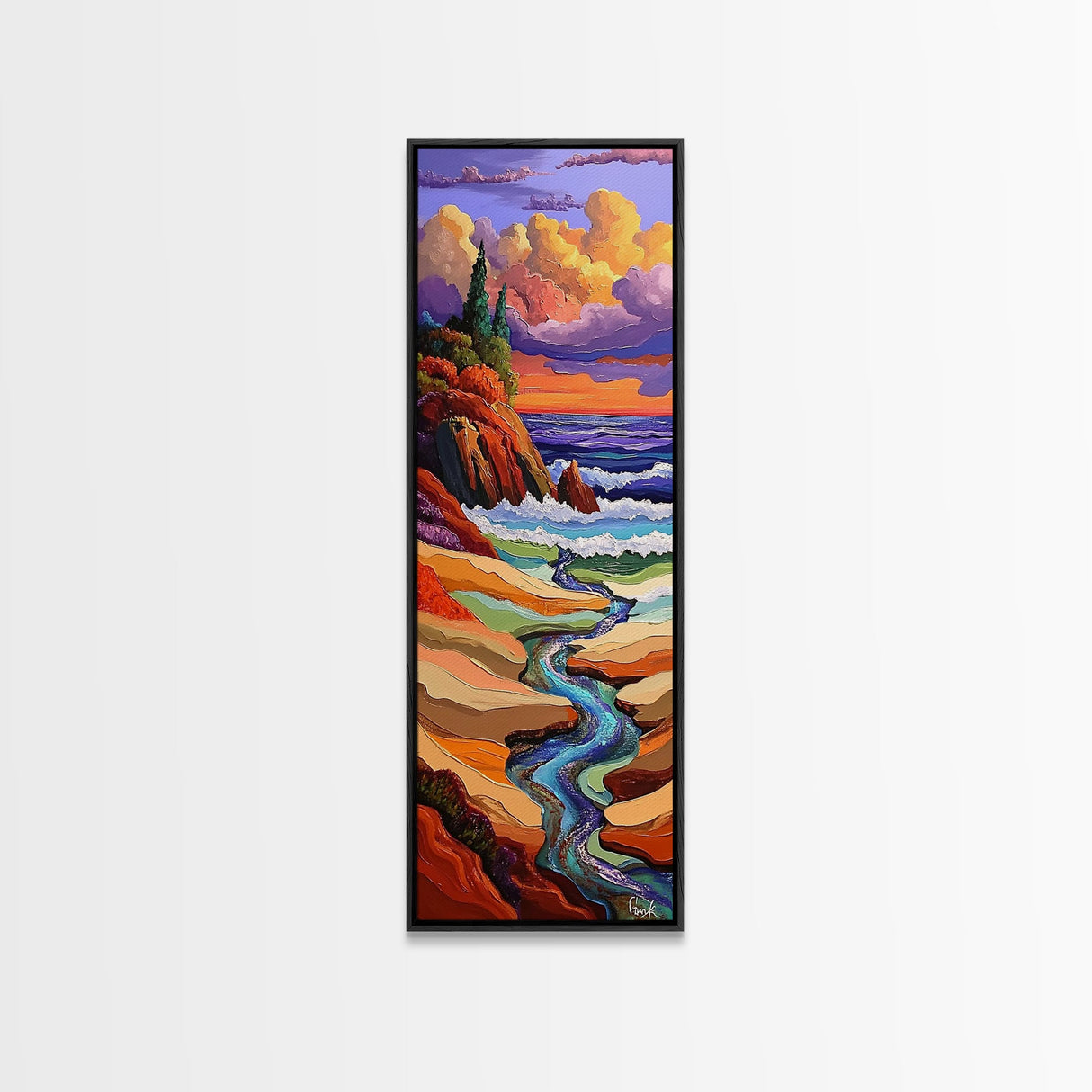 Sunset Coast, Stream Meets Ocean, Abstract Nature, Framed Canvas Print, Fall Wall Art, Colorful Beach Living Room Decor