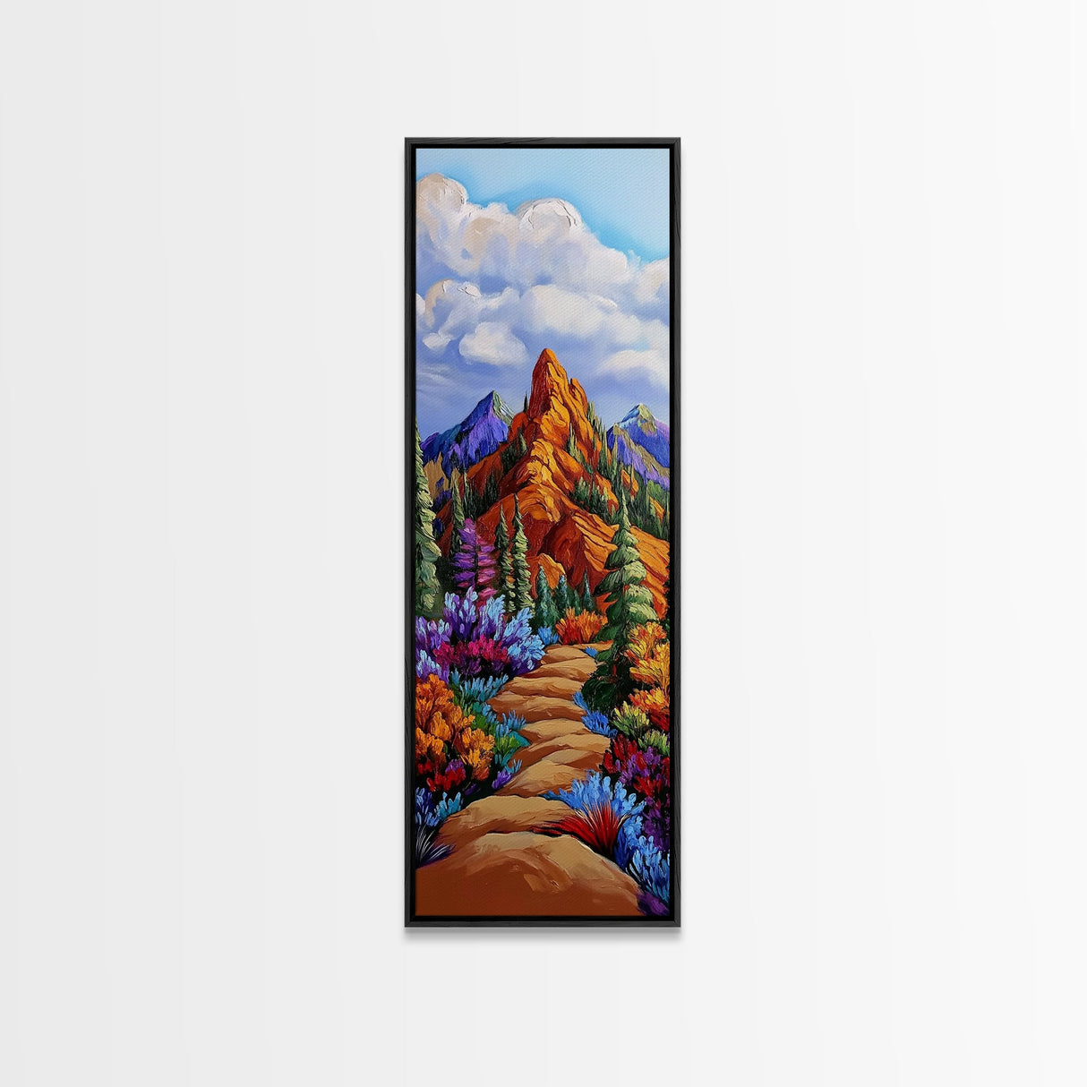 Trail Path, Wildflowers, Mountain View, Nature Escape Scene, Framed Canvas Print, Rustic Boho Wall Art, Cabin Entryway Decor