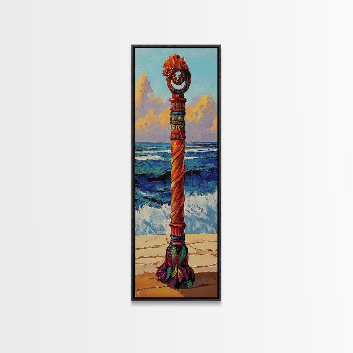 Coastal Totem, Bold, Art, Framed Canvas Print tropical tribal decor, ocean beach vibes, colorful surfside pole painting, seaside living room