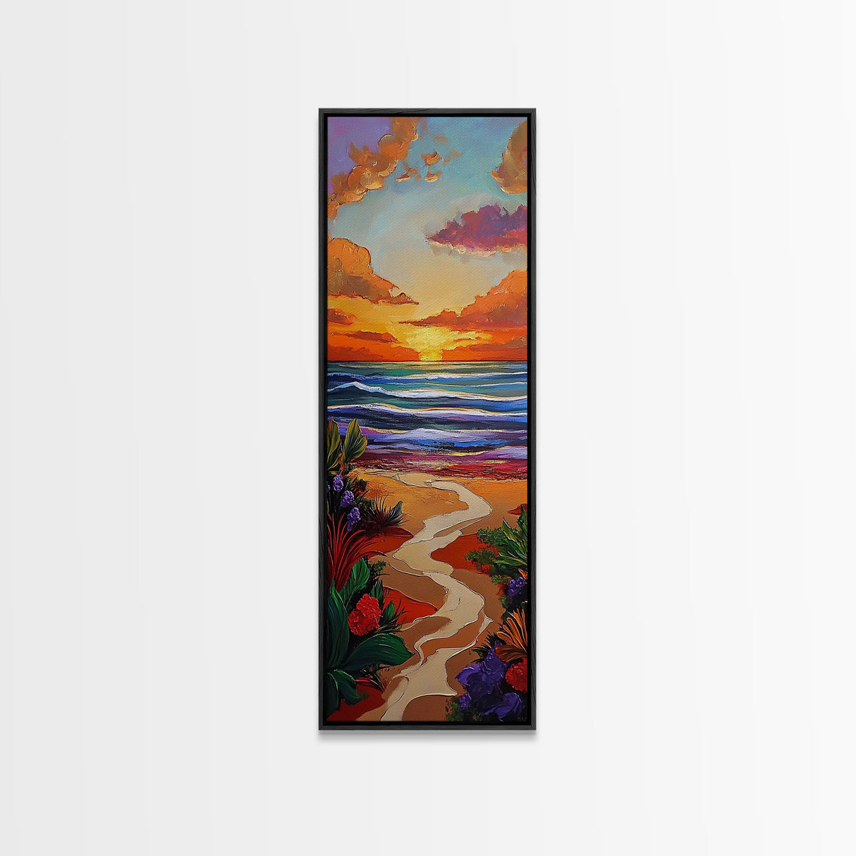 Path Beach, Sunset, Tropical Canvas Print scenic path to ocean wall decor, vibrant beach sunset artwork, tropical boho art, entryway art