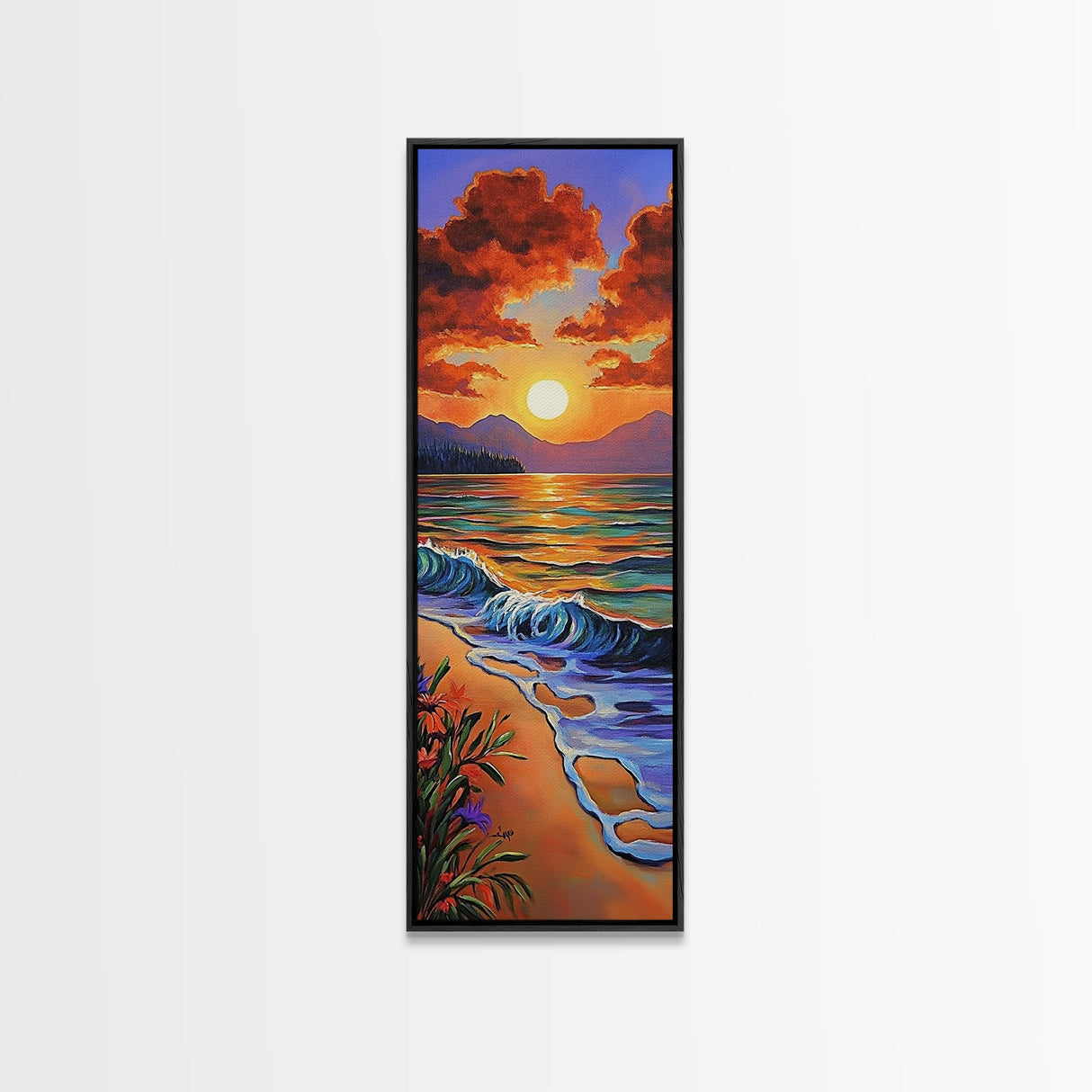 Beach Sunset, Clouds, Coastal Canvas Print vibrant tropical sunset painting, ocean waves art, colorful coastal decor, summer home wall art