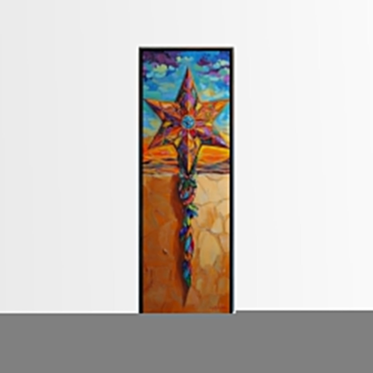 Star Cross, Colorful Sky, Spiritual Folk Symbol, Framed Canvas Print, Southwestern Wall Art, Vibrant Entryway Decor, Festive Religious Art