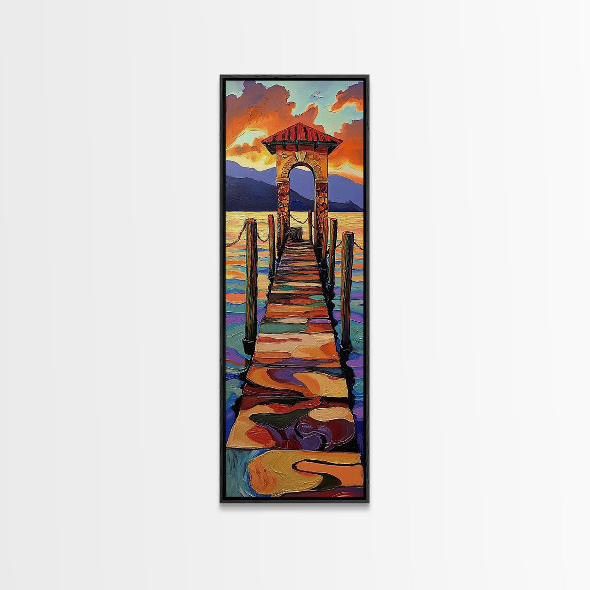 Sunset Pier, Pathway, Landscape, Framed Canvas Print, Coastal Wall Art, Sunset Beach Decor, Living Room Art, Colorful Landscape Painting