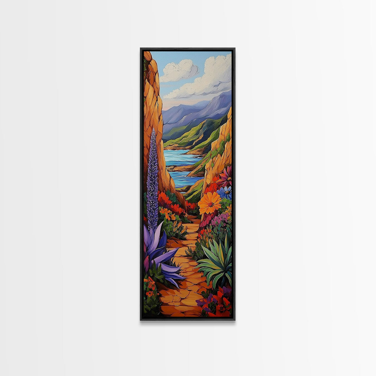 Colorful Desert, Garden, Pathway, Framed Canvas Print, boho art, hallway wall decor, vibrant landscape painting, cactus desert art