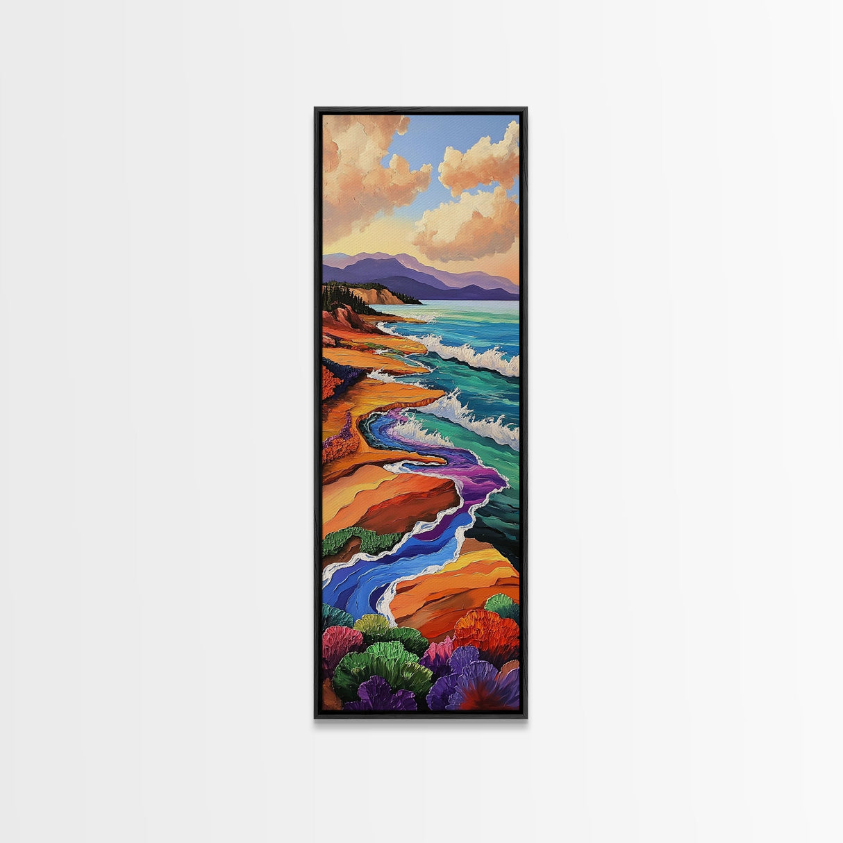 Coastal Waves, Flowers Landscape, Framed Canvas Print, Coastal wall art, beach landscape decor, boho style, bathroom or hallway art