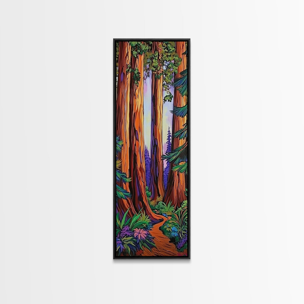 Redwood Forest, Pathway, Serenity - Framed Canvas Print, majestic tall trees art, calming woodland wall décor, rustic cabin or den decor