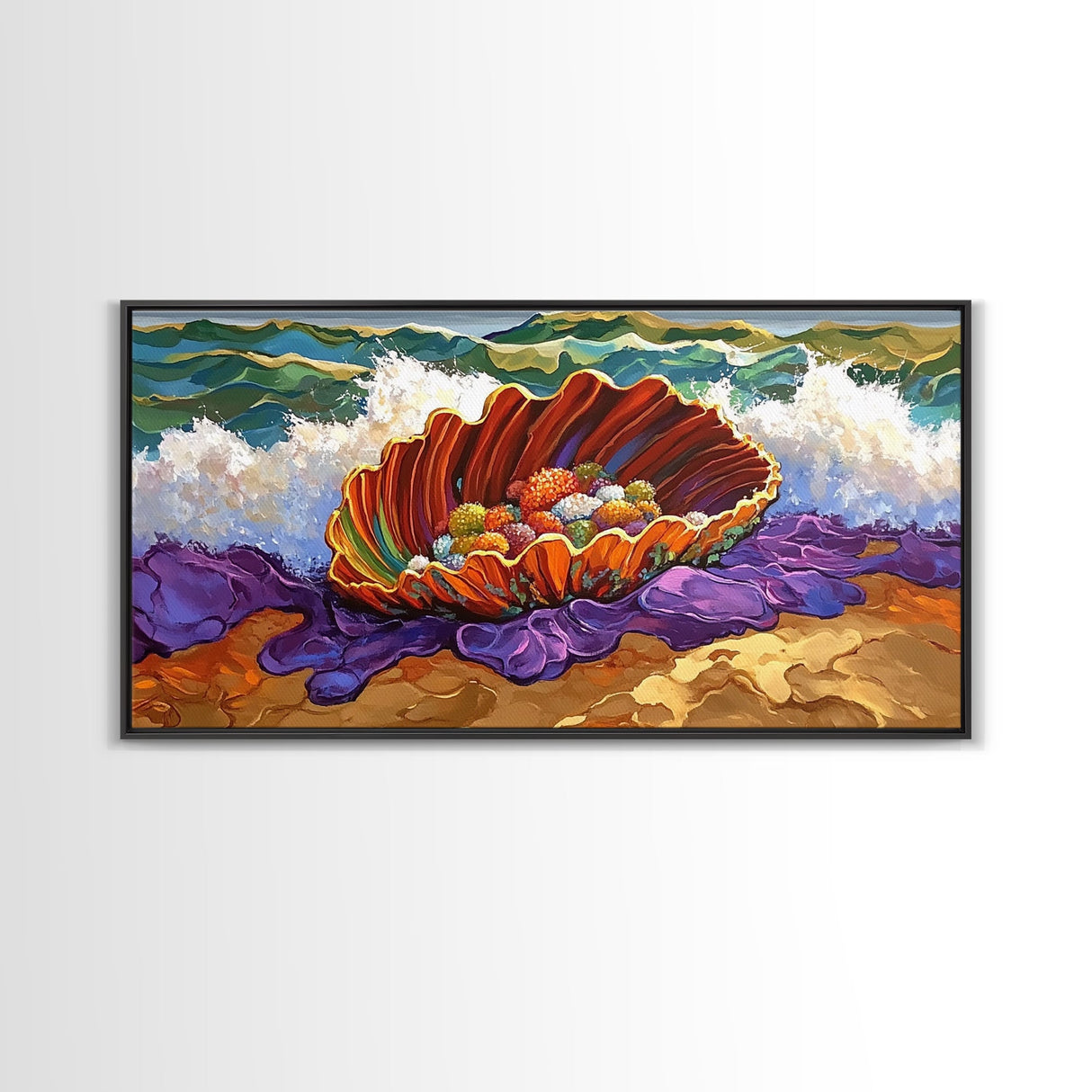 Shell Ocean, Jewel, Framed Canvas Print, Whimsical Ocean Shell Painting, Colorful Sea Treasure Wall Art, Nursery Decor