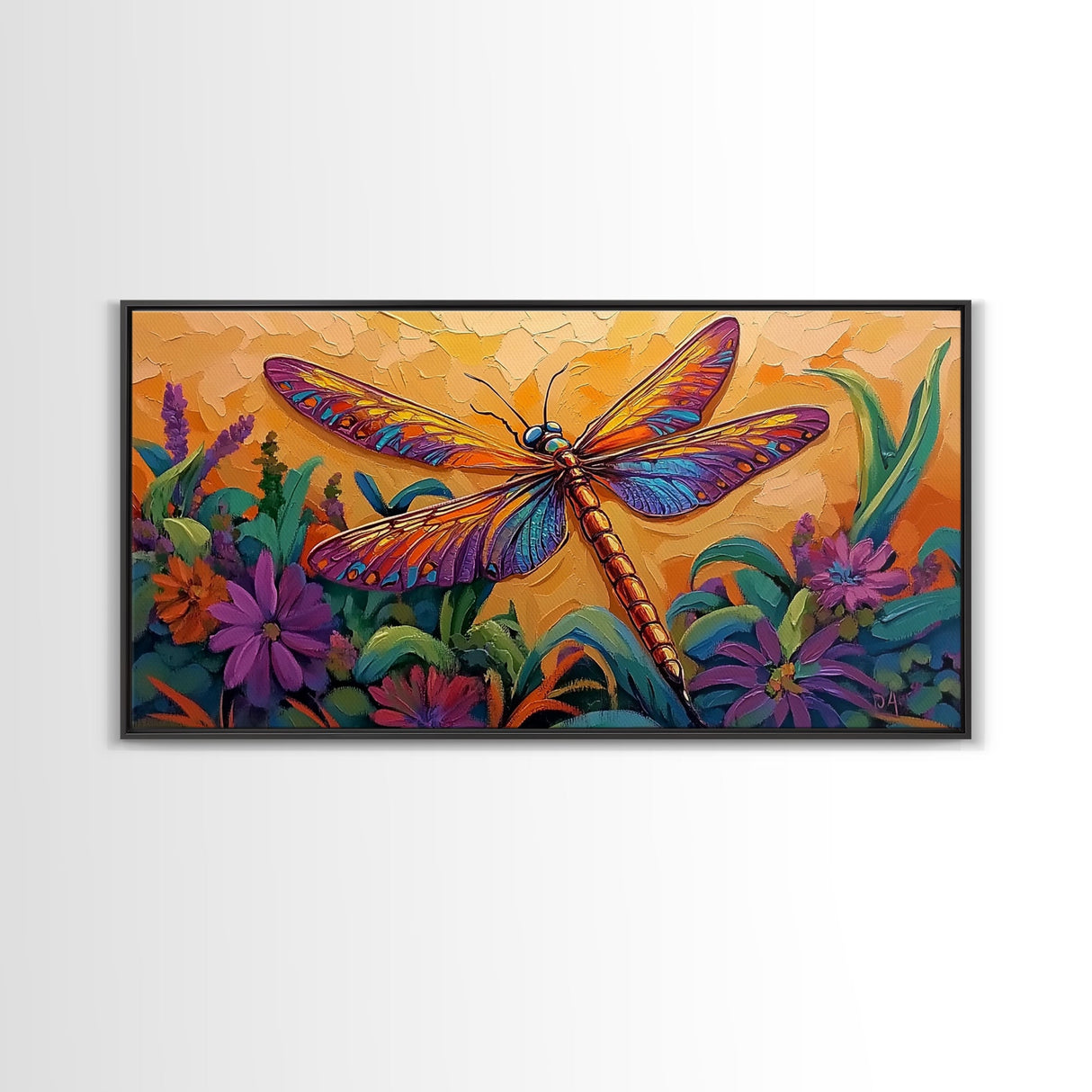 Dragonfly Garden, Sunset, Colorful Nature Canvas Print, Vibrant Insect Wall Decor, Boho Art Bedroom Accent, Summer Style