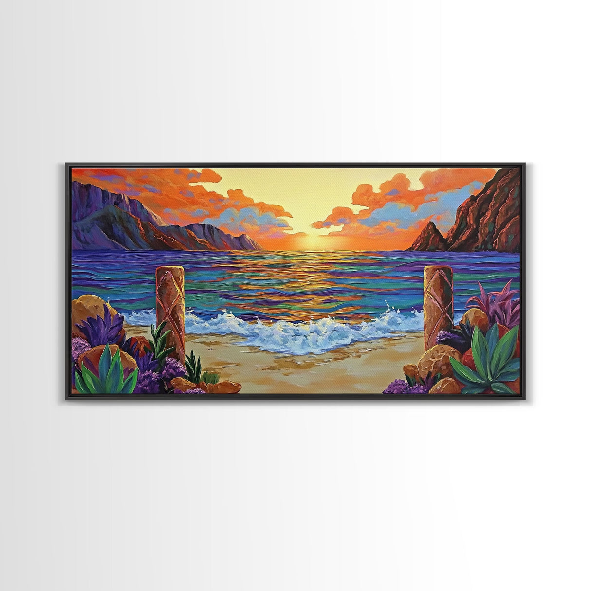 Sunset Beach, Waves, Colorful sunset beach seascape with waves and mountain view, Canvas Print, tropical coastal wall decor