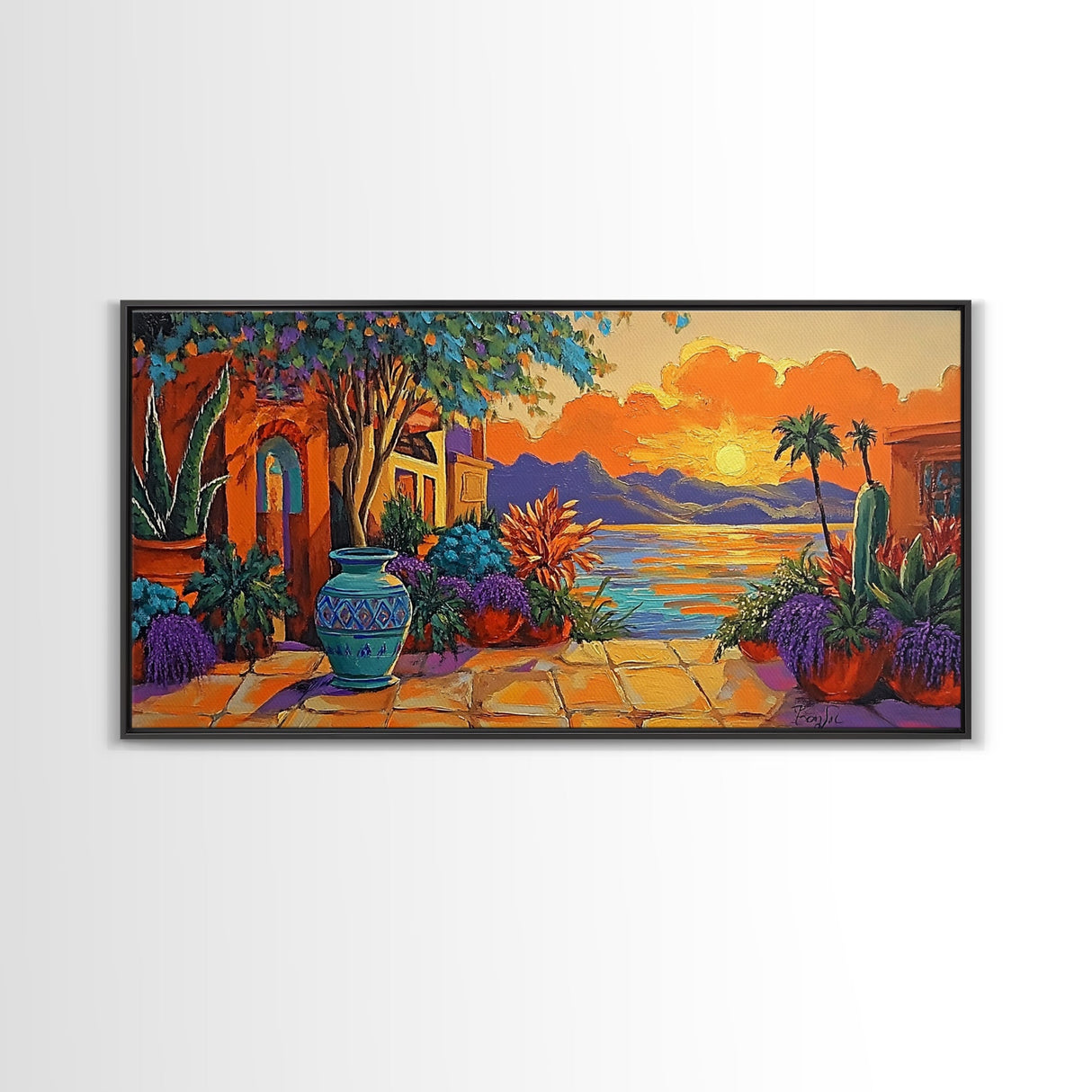 Sunset Courtyard, View, Vibrant sunset courtyard scene with ocean and mountain backdrop, Framed Canvas Print, kitchen wall art