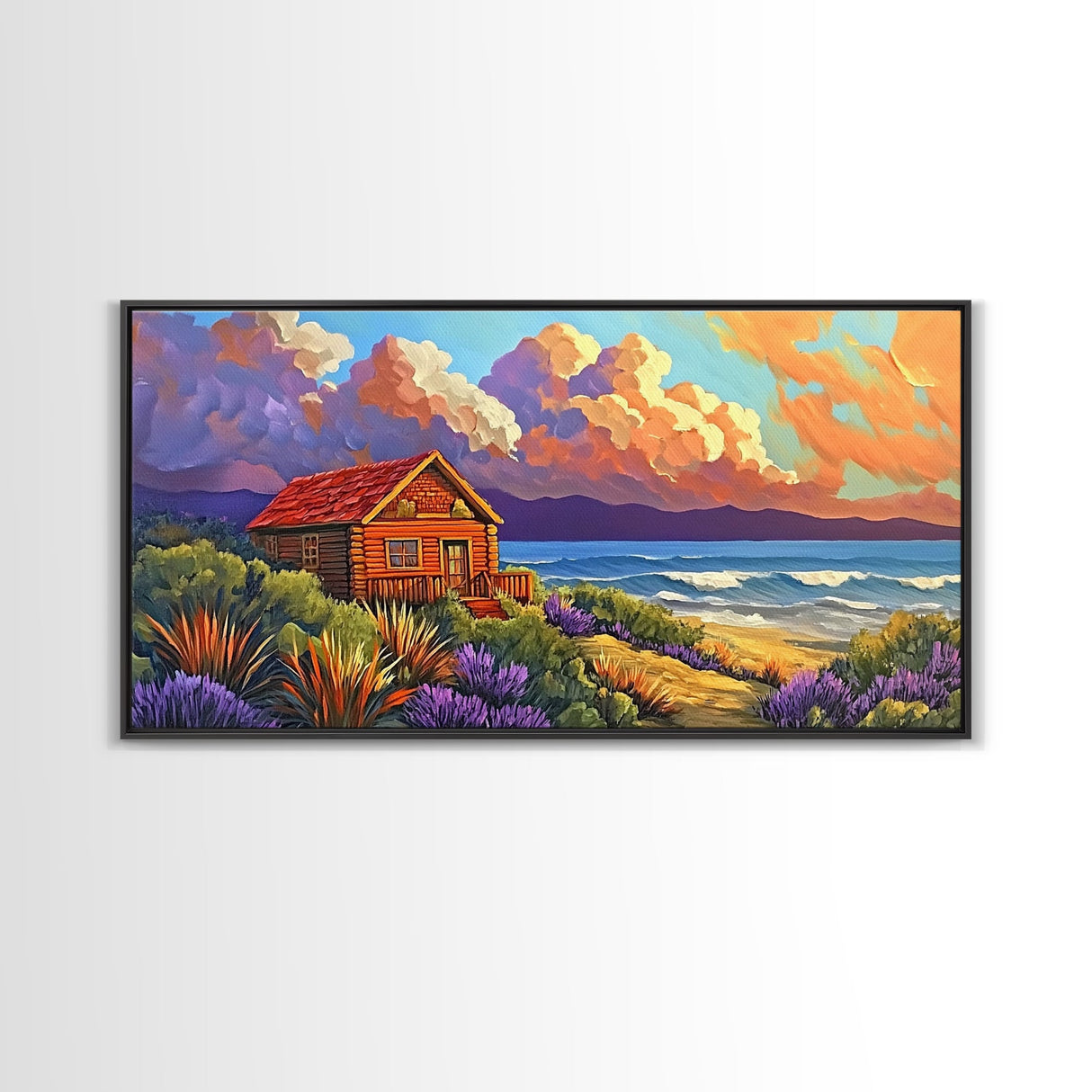 Cabin by Ocean, Colorful Beach Sunset, Cloudy Sky Art, Canvas Print, Autumn Wall Decor, Cozy Living Room Art, Rustic Coastal Scene