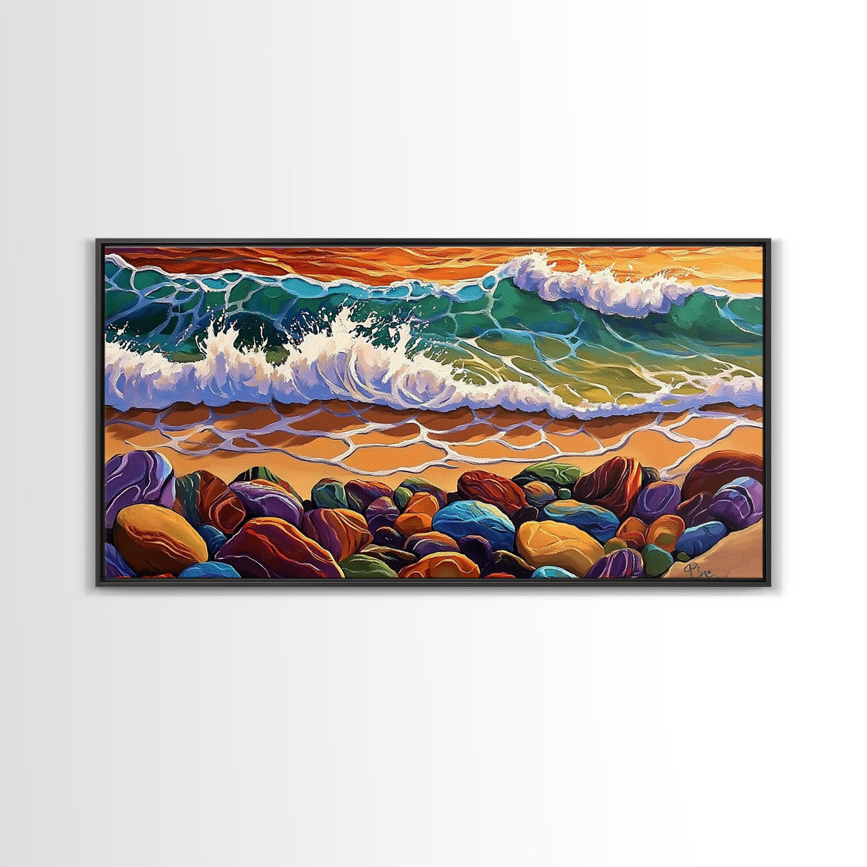 Colorful Ocean, Stones, Framed Canvas Print, Sunset wave beach scene, Living Room Wall Art, coastal decor, boho landscape painting