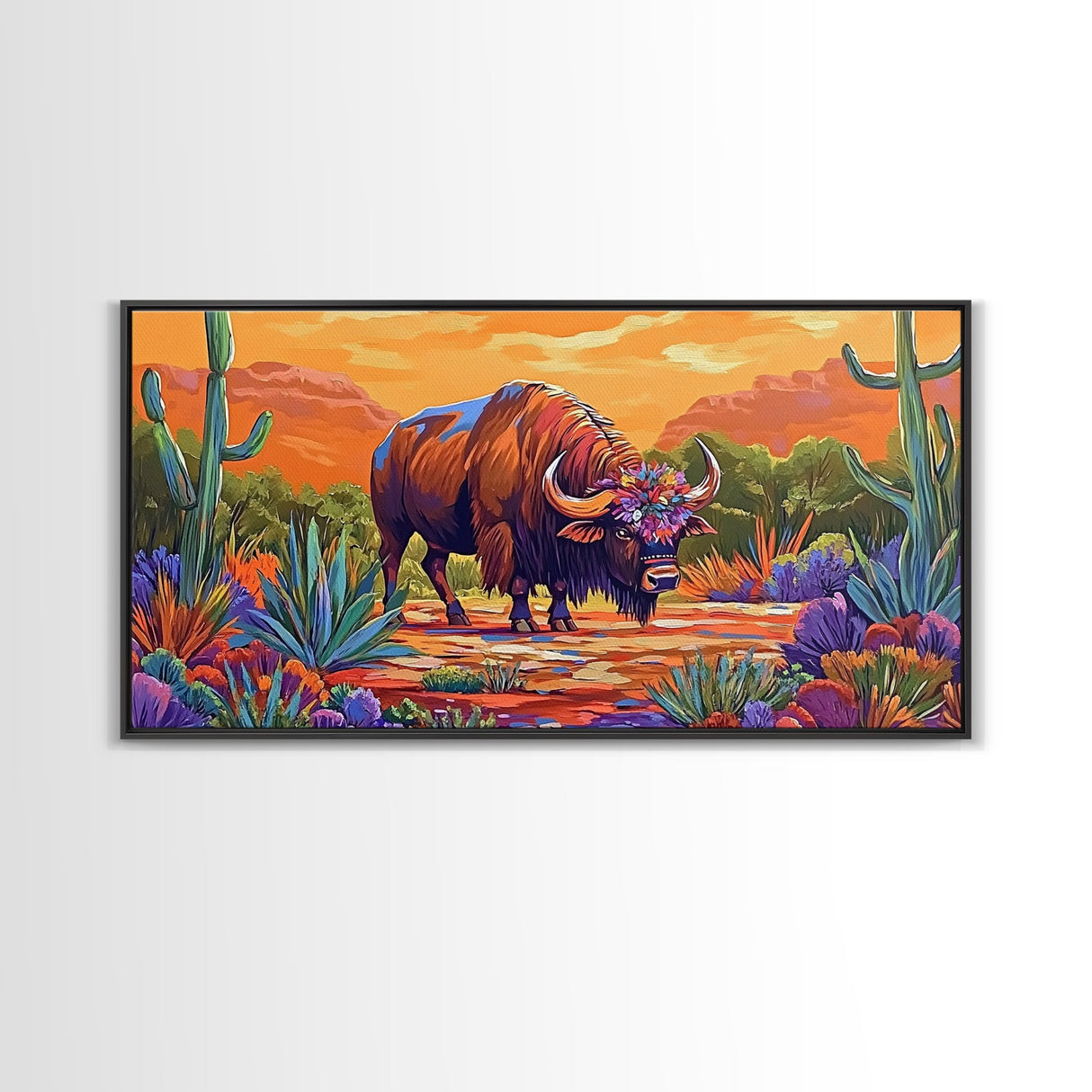 Buffalo Desert, Flowers, Canvas Print, Western buffalo art, colorful desert scene, ranch decor, Office Wall Art, Autumn Wall Art