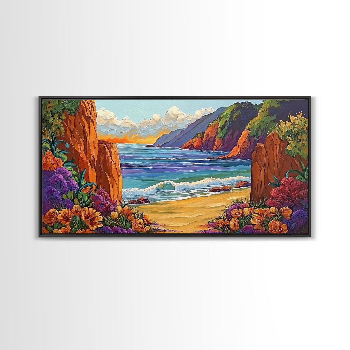 Ocean Cliffside, Flowers, Canvas Print, Colorful beachscape painting, Bathroom Wall Art, vibrant coastal decor,beach flower wall art