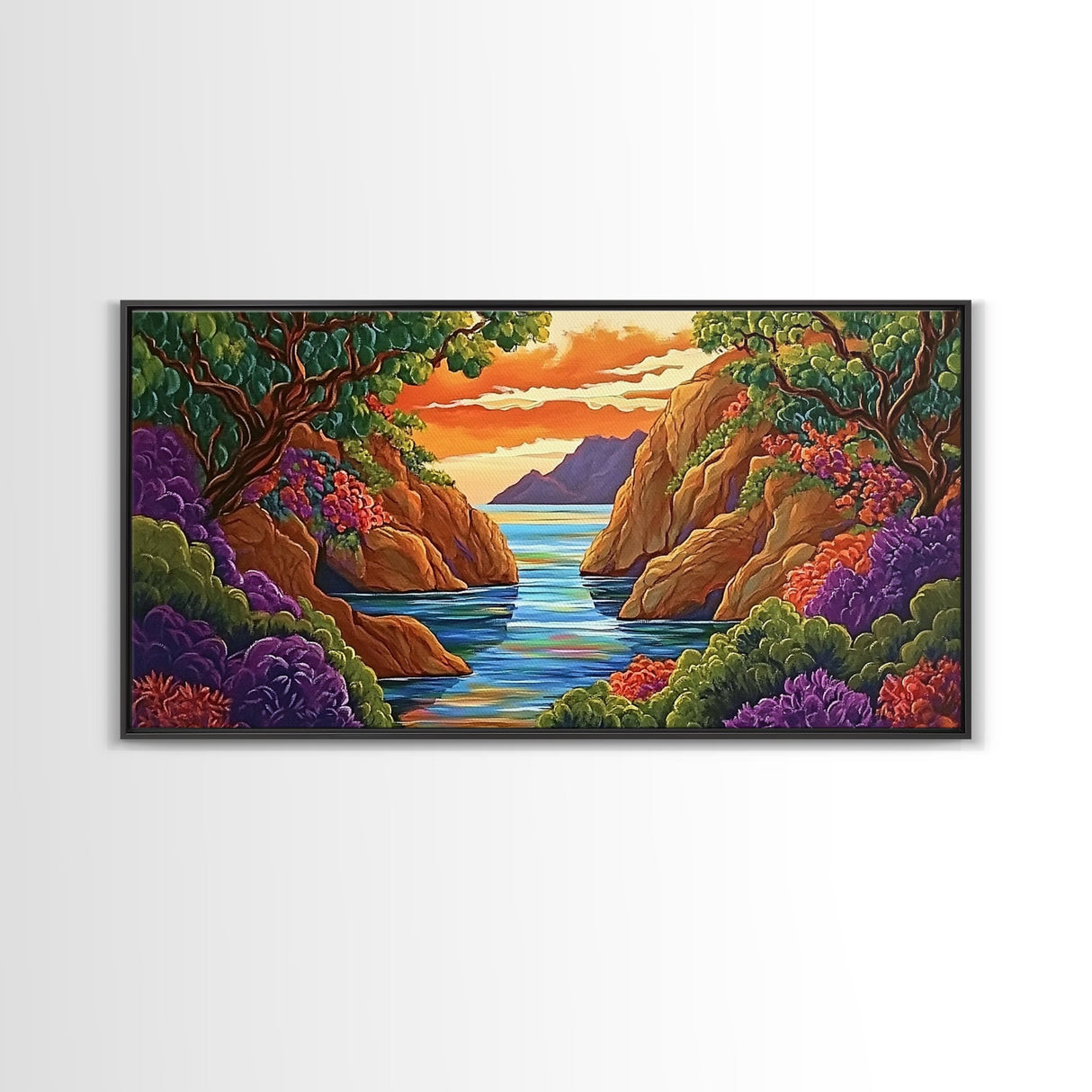 Sunset Bay, Trees, Tropical, Canvas Print, Nature Landscape Art, Colorful Wall Decor, Relaxing Home Vibes, Dining Room Accent