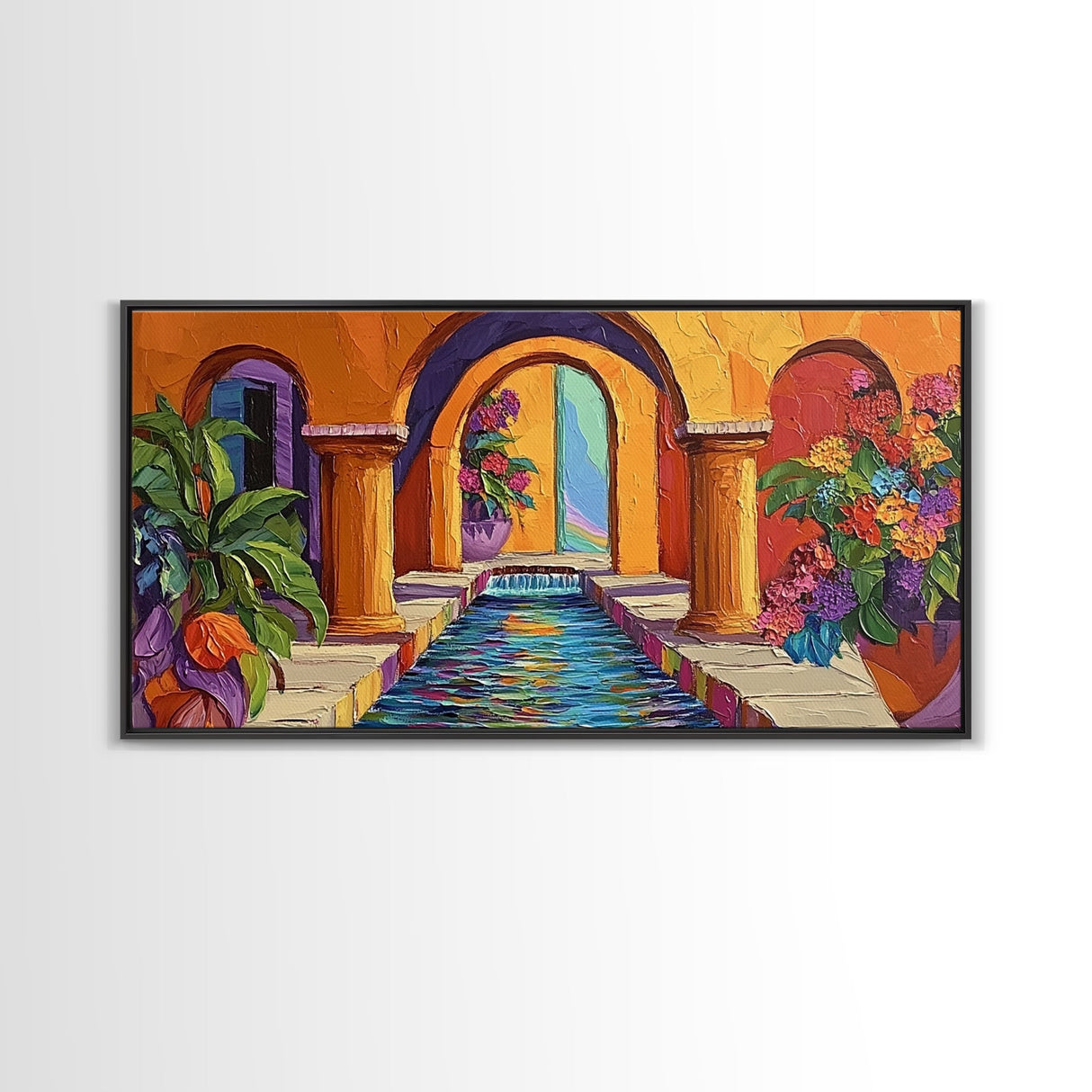 Courtyard Fountain, Colorful, Mediterranean, Framed Canvas Print, Spanish Style Art, Hallway Wall Decor, Bold Architecture Painting