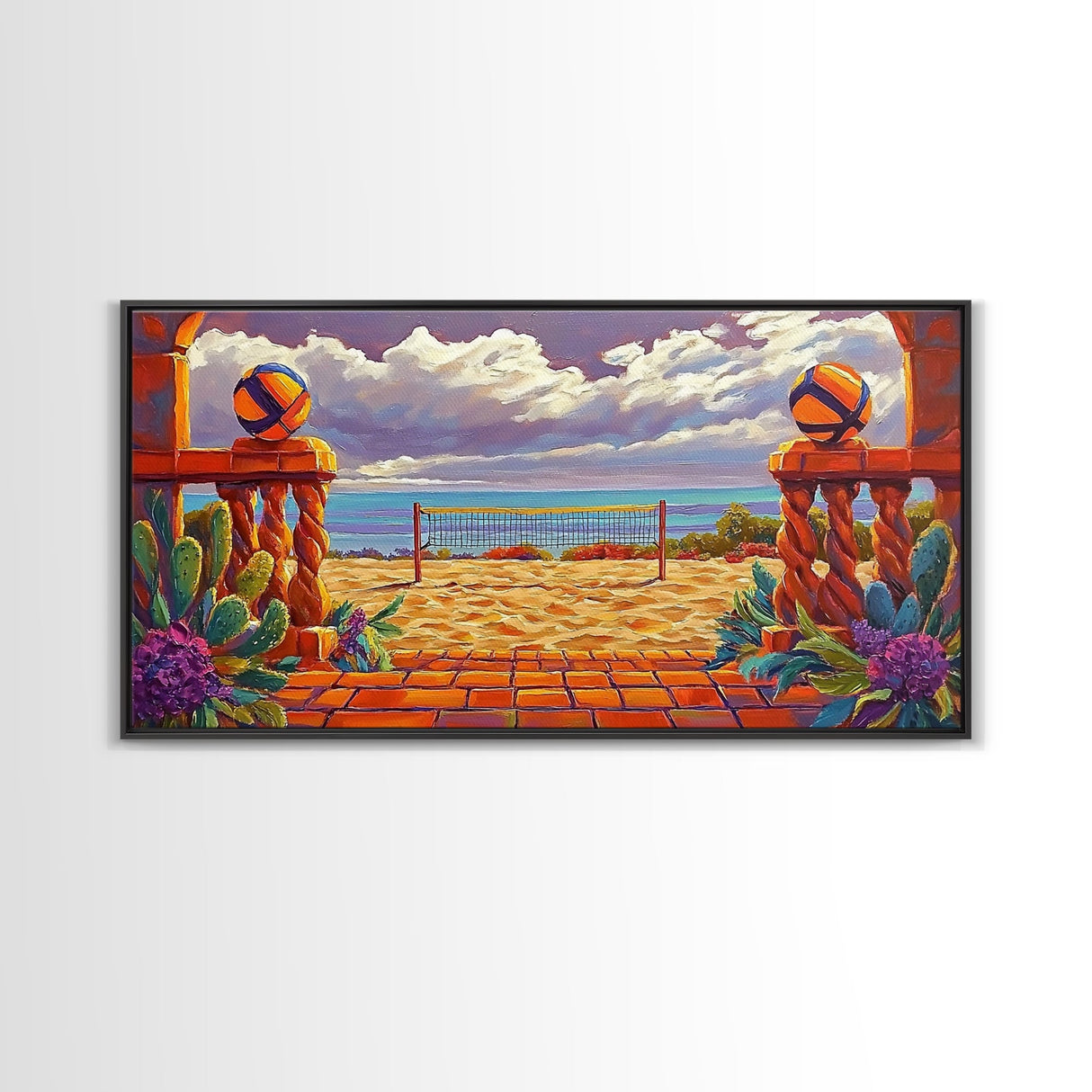Volleyball Ocean, Sunset, Framed Canvas Print, Vibrant Beach Volleyball Scene, Sporty Coastal Wall Art, Game Room Decor