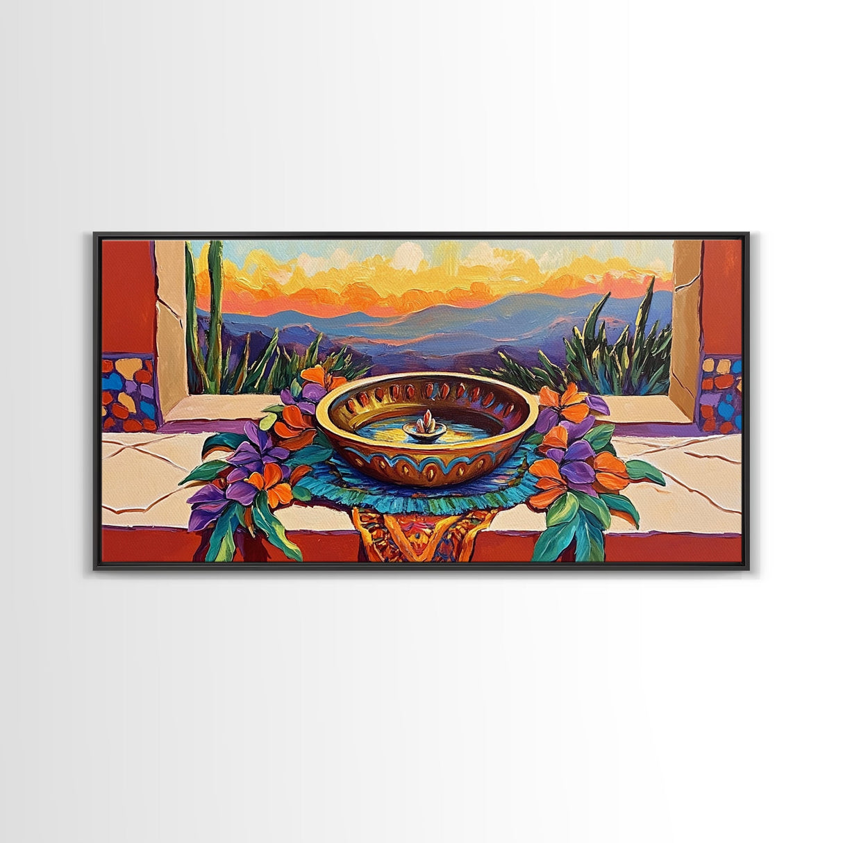 Fountain Sunset Flowers, Serenity, Framed Canvas Print, Southwestern Wall Art, Boho Vibe, Tranquil Home Decor, Kitchen or Entryway Art