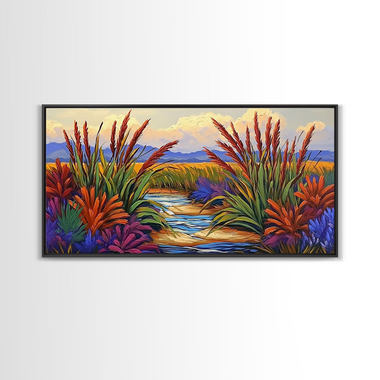 Marsh Grassland, Sunset, Scene, Framed Canvas Print rustic farmhouse art, colorful Fall wall decor, bedroom landscape canvas