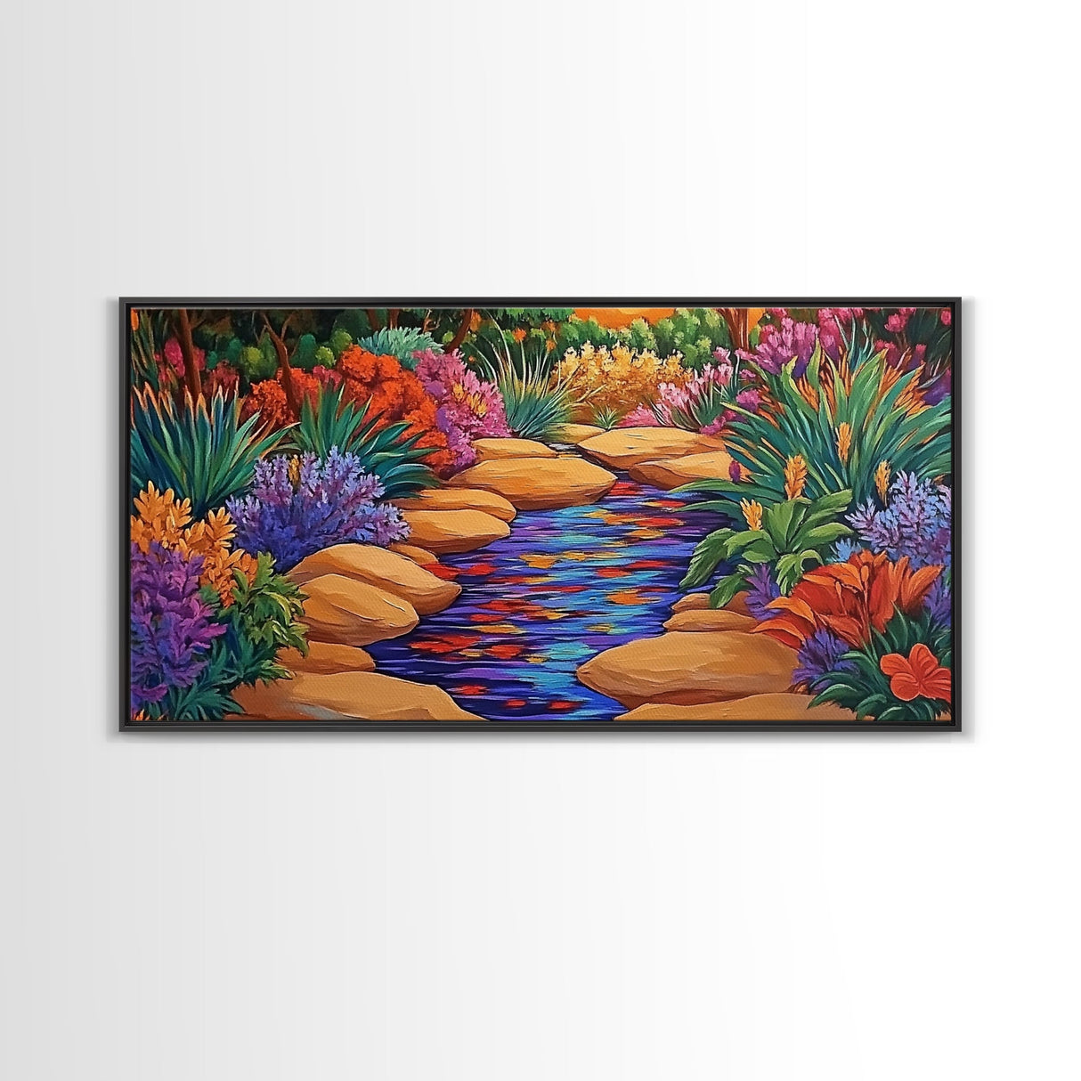 Stone Stream, Sunset Path, Desert Garden, Canvas Print, Nature Inspired Wall Art, Living Room Decor, Boho Botanical Style