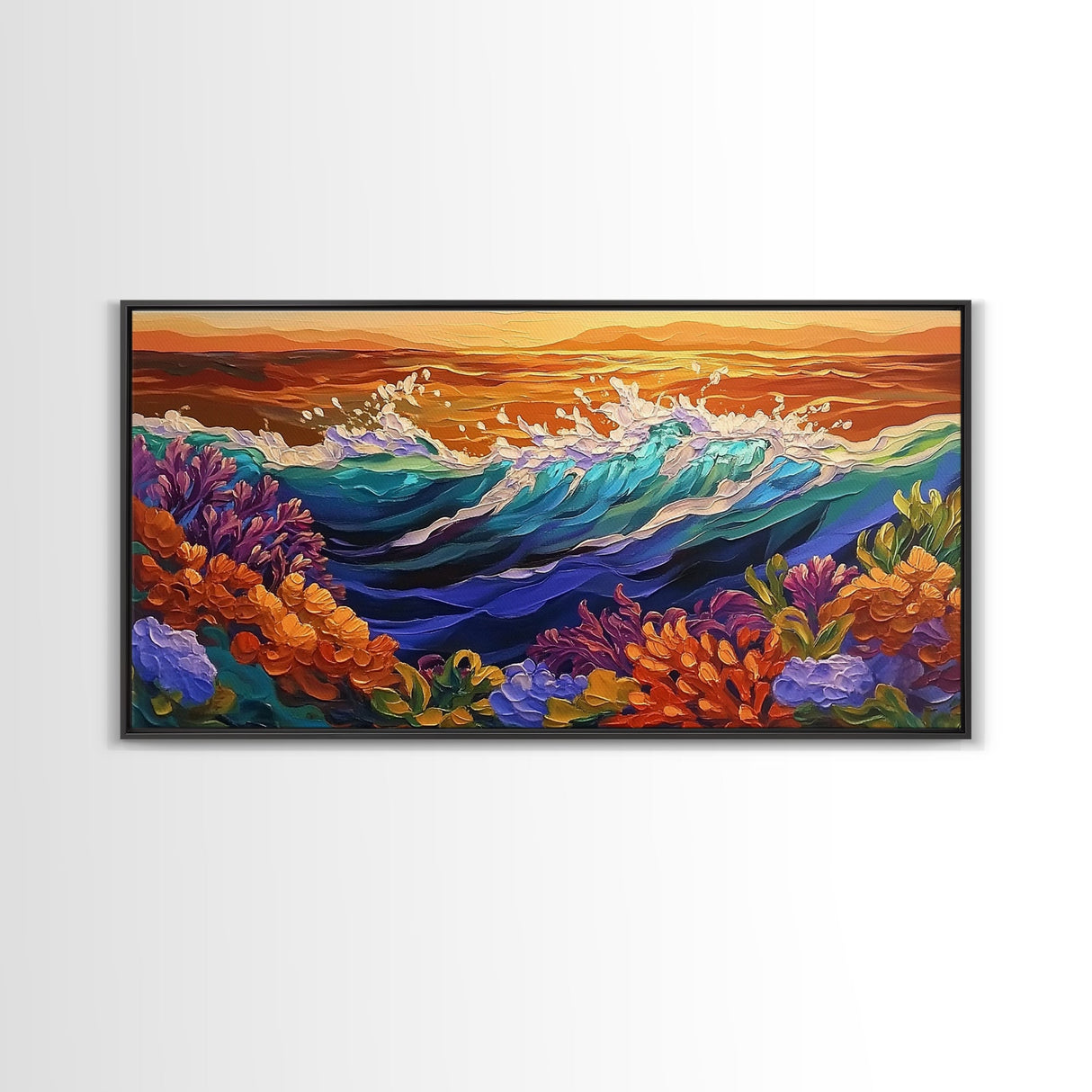 Ocean Bloom, Sunset Surf, Tropical Waves, Canvas Print, Vibrant Coastal Wall Art, Beach House Decor, Colorful Seascape Painting