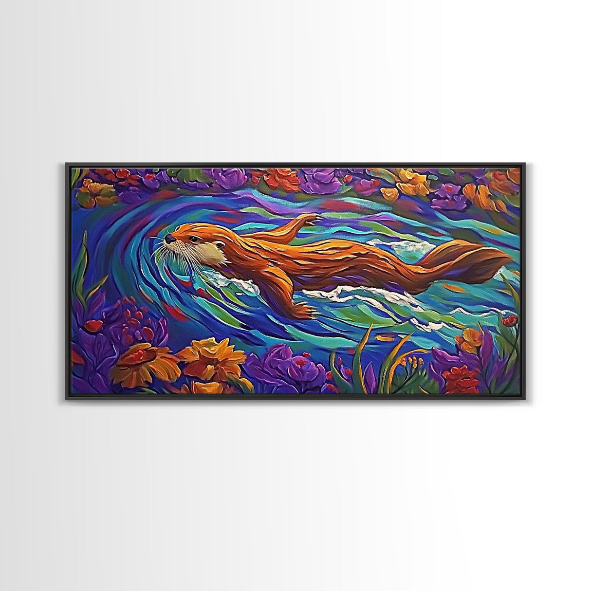Otter River, Flowers, Playful, Framed Canvas Print, whimsical animal wall art, nursery decor, boho kids room artwork, cheerful vibe