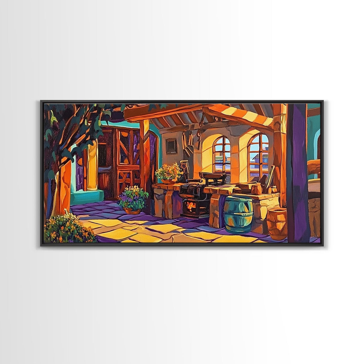 Rustic Kitchen, Mexican, Decor, Framed Canvas Print of rustic kitchen, Kitchen Wall Art, warm tones, bohemian style interior decor