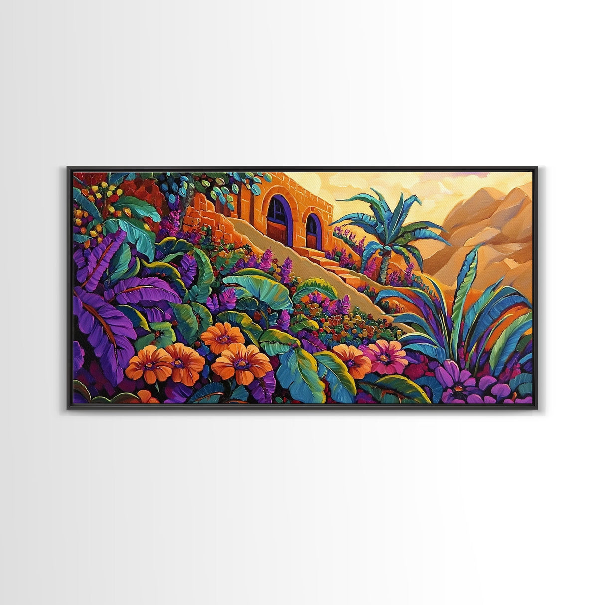 Jungle, Flowers, Adobe, Hillside, Framed Canvas Print tropical wall art, vibrant living room decor, boho jungle scene painting