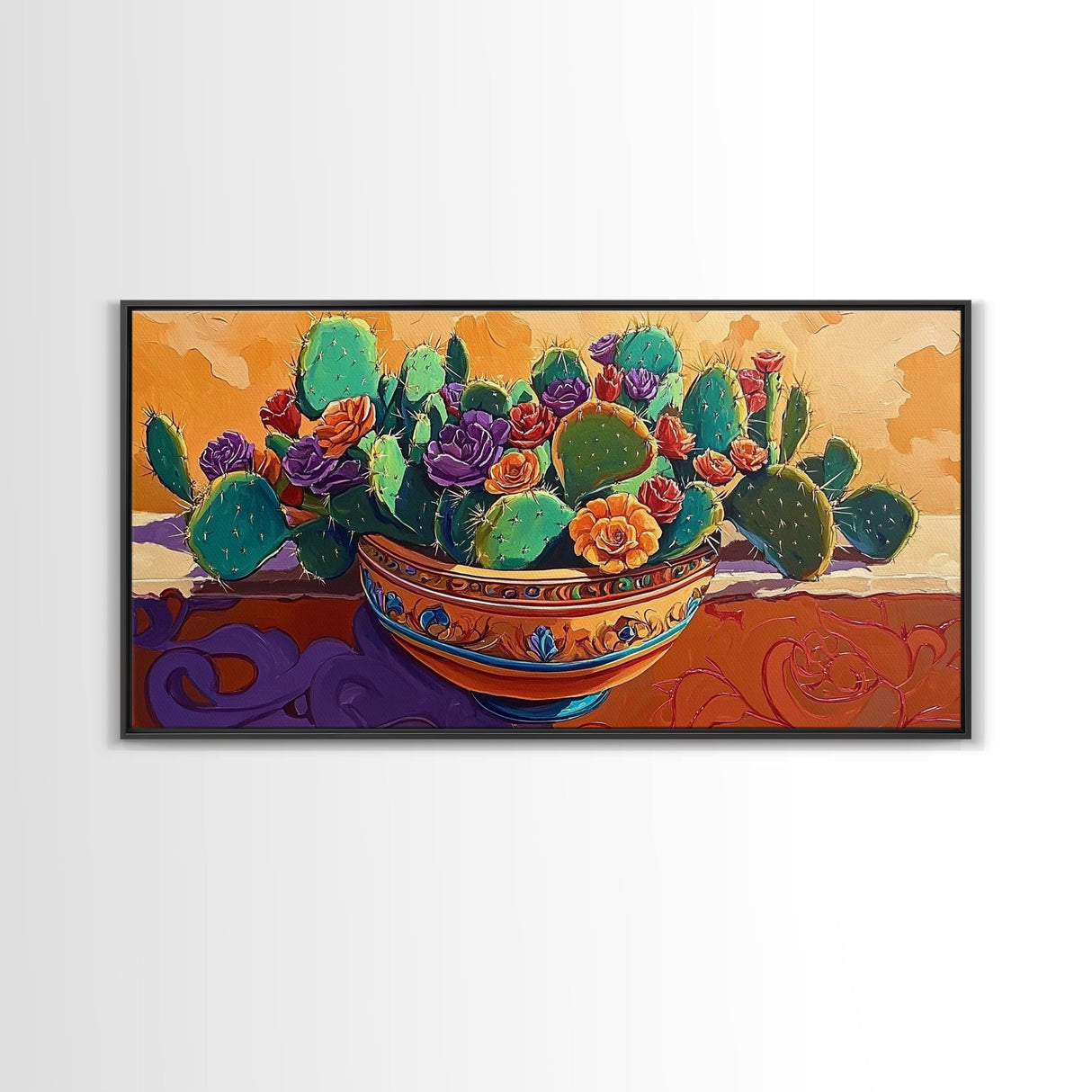 Cactus, Succulent, Pottery, Flowers, Canvas Print southwestern kitchen wall art, vibrant decor, colorful succulent painting