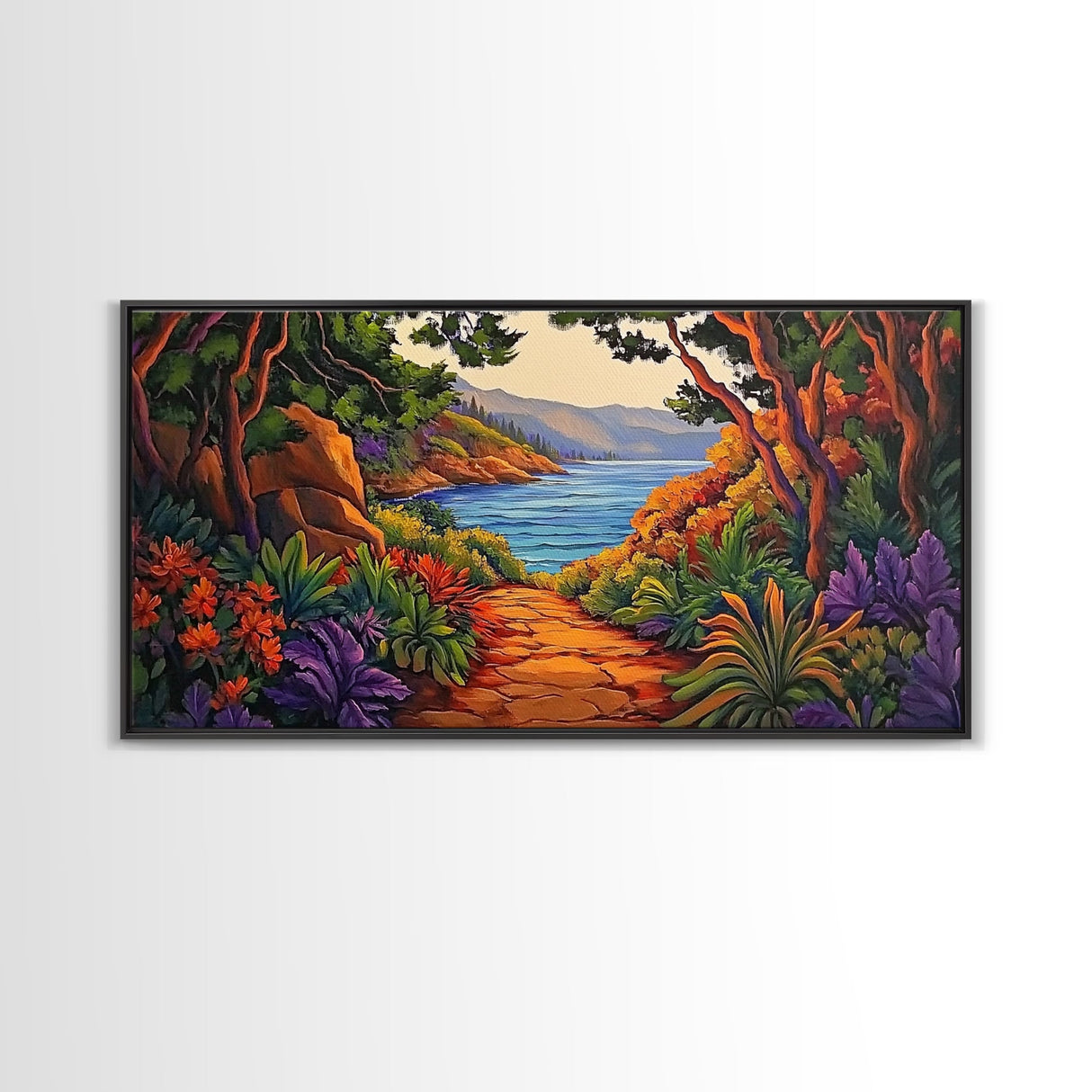 Trail Trees, Ocean, Bright, Framed Canvas Print vibrant nature path artwork, coastal forest boho art, kitchen wall decor