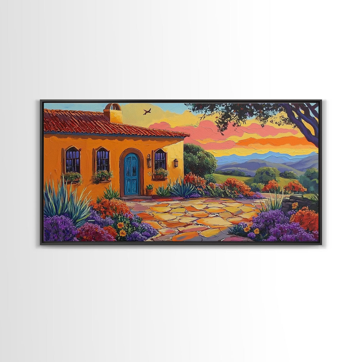 House Sunset, Garden, Southwest, Framed Canvas Print warm adobe home wall art, colorful southwestern sunset print, cozy kitchen decor