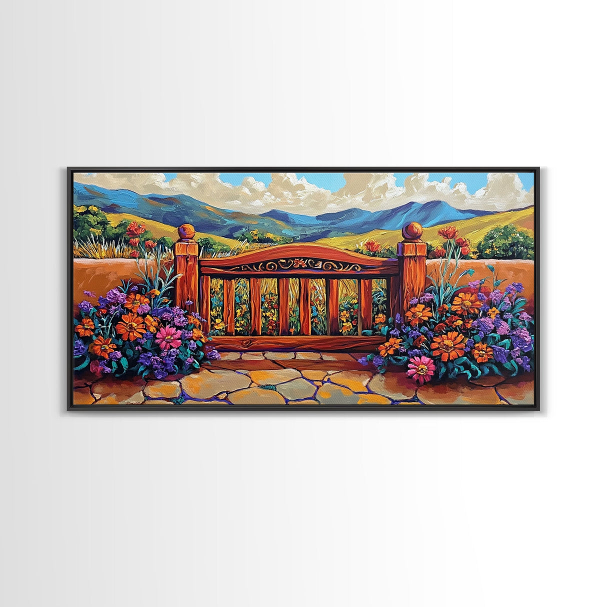 Gate Flowers, Mountains, Country, Framed Canvas Print rustic floral country gate art, bright farmhouse boho garden decor, patio print