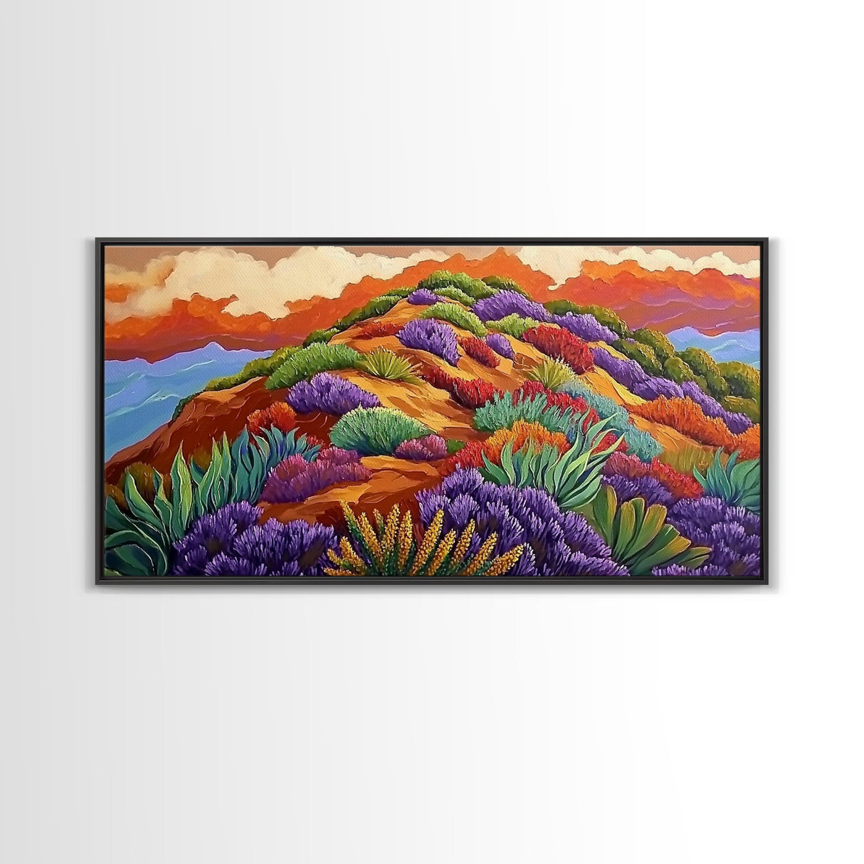 Wildflower Mountain, Sunrise, Hillside, Framed Canvas Print Bold desert landscape, colorful botanical art, boho Fall bedroom decor