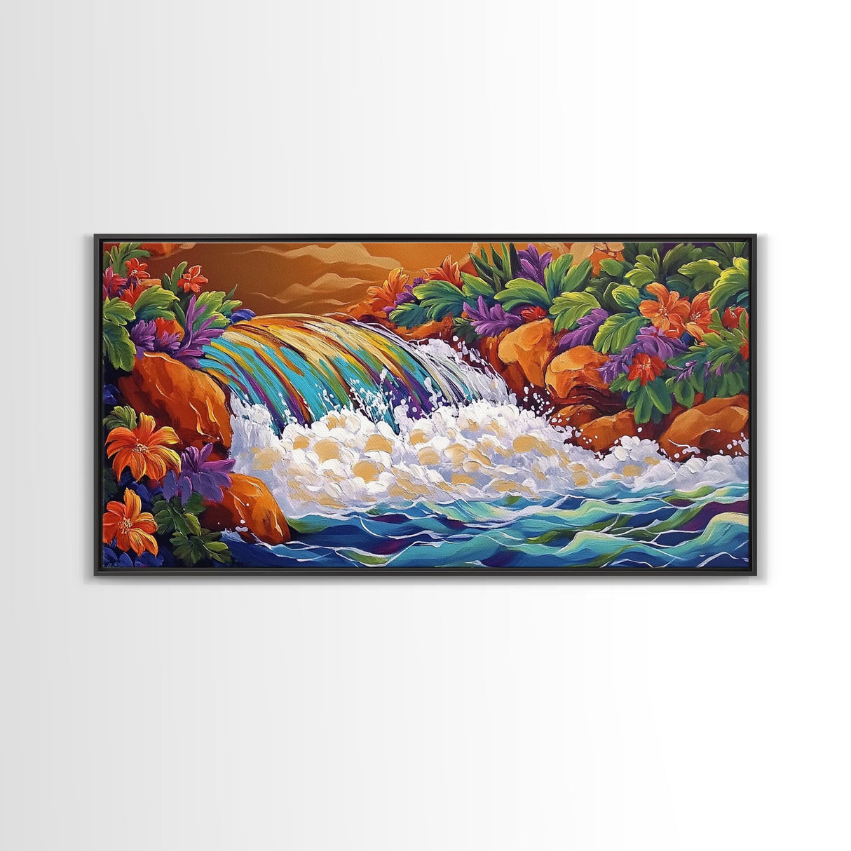 Rainbow, Waterfall, Jungle, Sunset, Framed Canvas Print Tropical boho art, bathroom art, living room decor, floral nature painting
