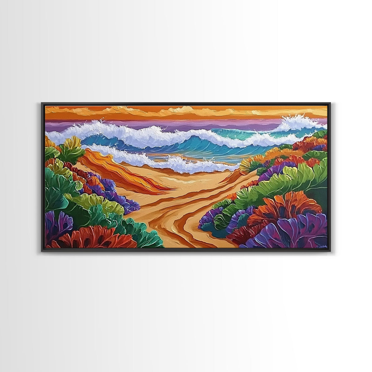 Sunset, Ocean, Trail, Beach, Coastal Sunset Pathway Framed Canvas Print, Bedroom Wall Art, Vibrant Seaside Landscape, Bold Color Decor