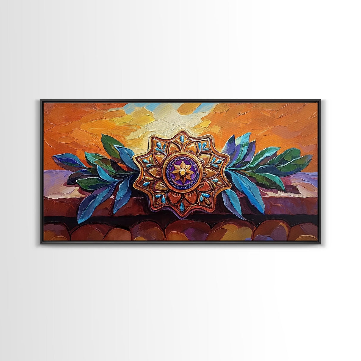 Mandala Sunset, Leaves, Ornament, Framed Canvas Print, spiritual boho wall decor, entryway wall art, zen home sacred symbol painting