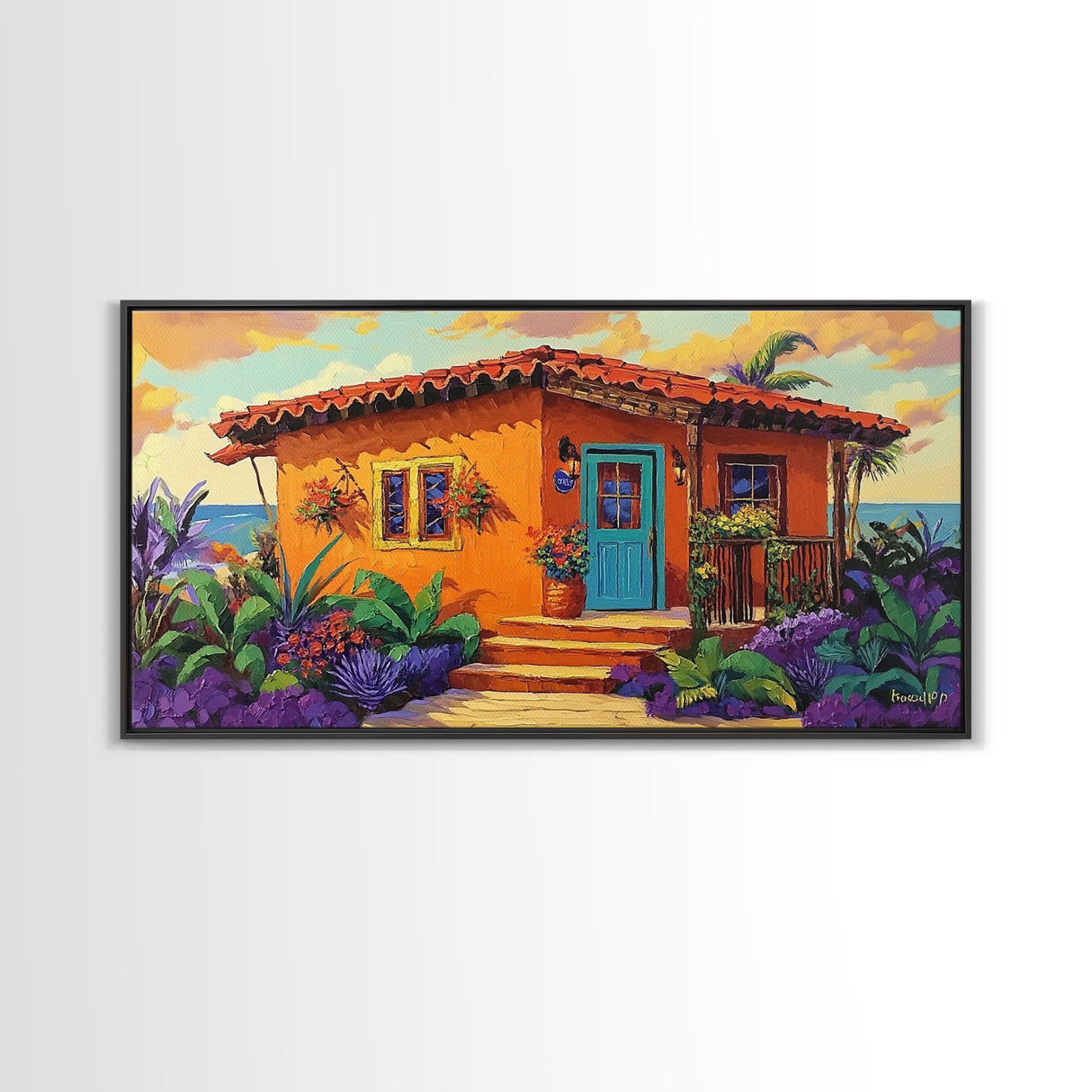 Casita Tropical, Sunset, Garden, Framed Canvas Print, Mexican villa painting, rustic kitchen decor, vibrant coastal house wall art