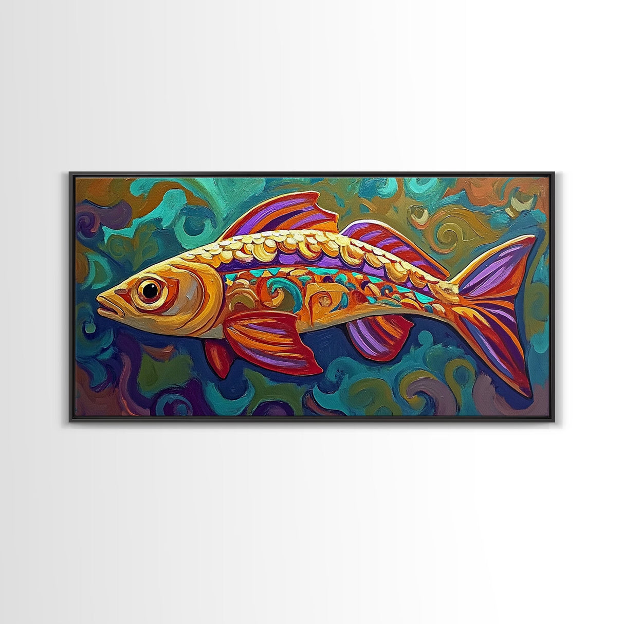 Colorful Fish, Wall, Art, Framed Canvas Print, Boho ocean wall decor, coastal bathroom wall art, whimsical undersea painting kitchen