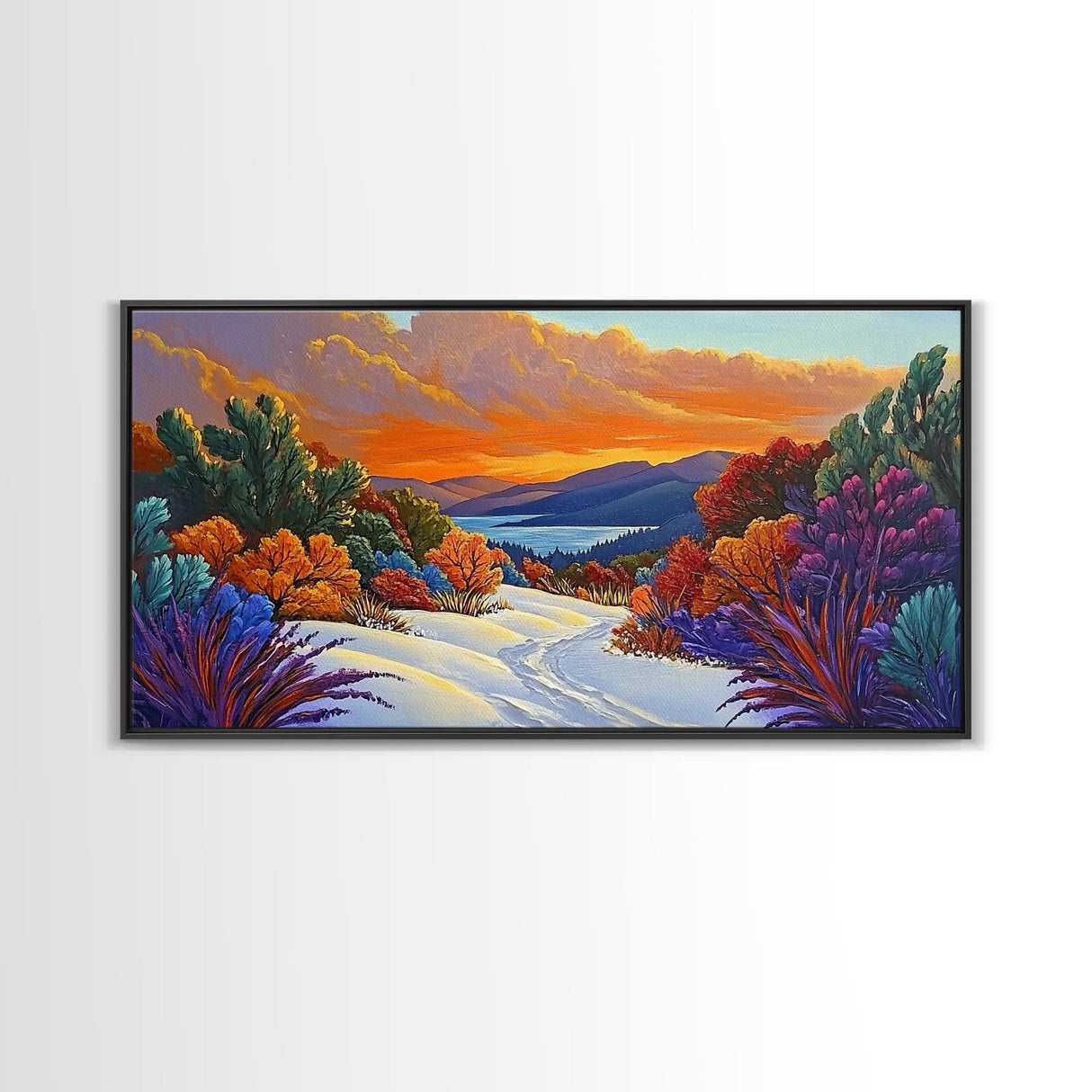 Winter Sunset, Lake, Trees, Framed Canvas Print, Autumn cabin wall art, colorful landscape living room decor, mountain snow painting