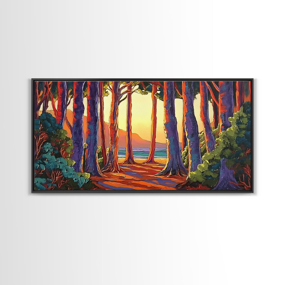 Trees Forest, Ocean, Sunset, Coastal Forest Path Framed Canvas Print, Nature Lover Wall Art, Cabin Decor, Fall Living Room Art