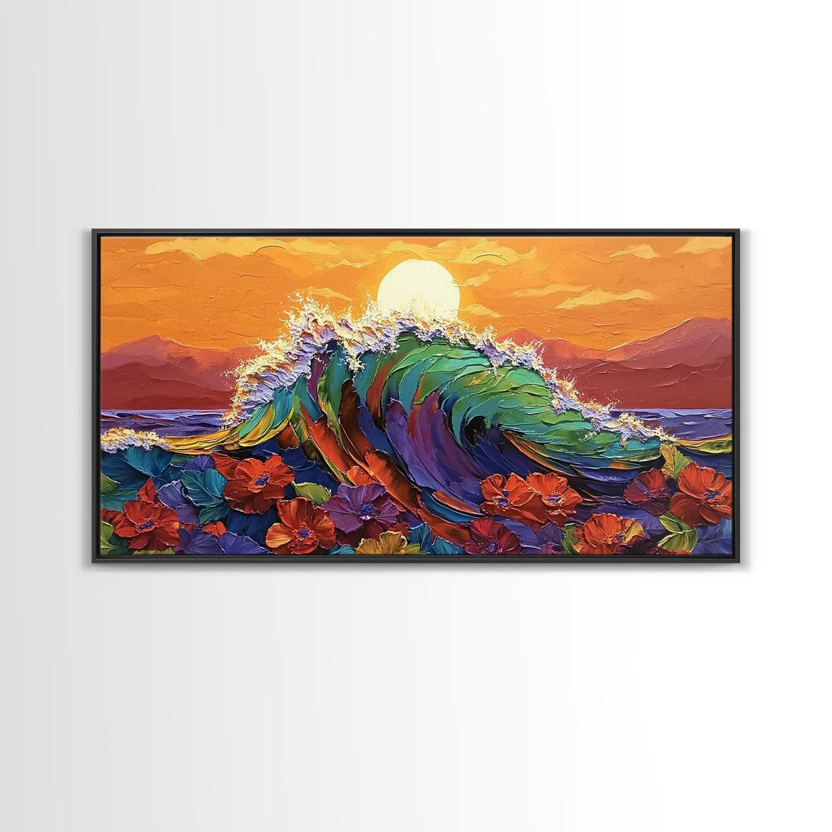 Sunset Wave, Floral, Ocean, Canvas Print, Tropical beach flower art, vibrant ocean wave decor, living room painting, sunset seascape