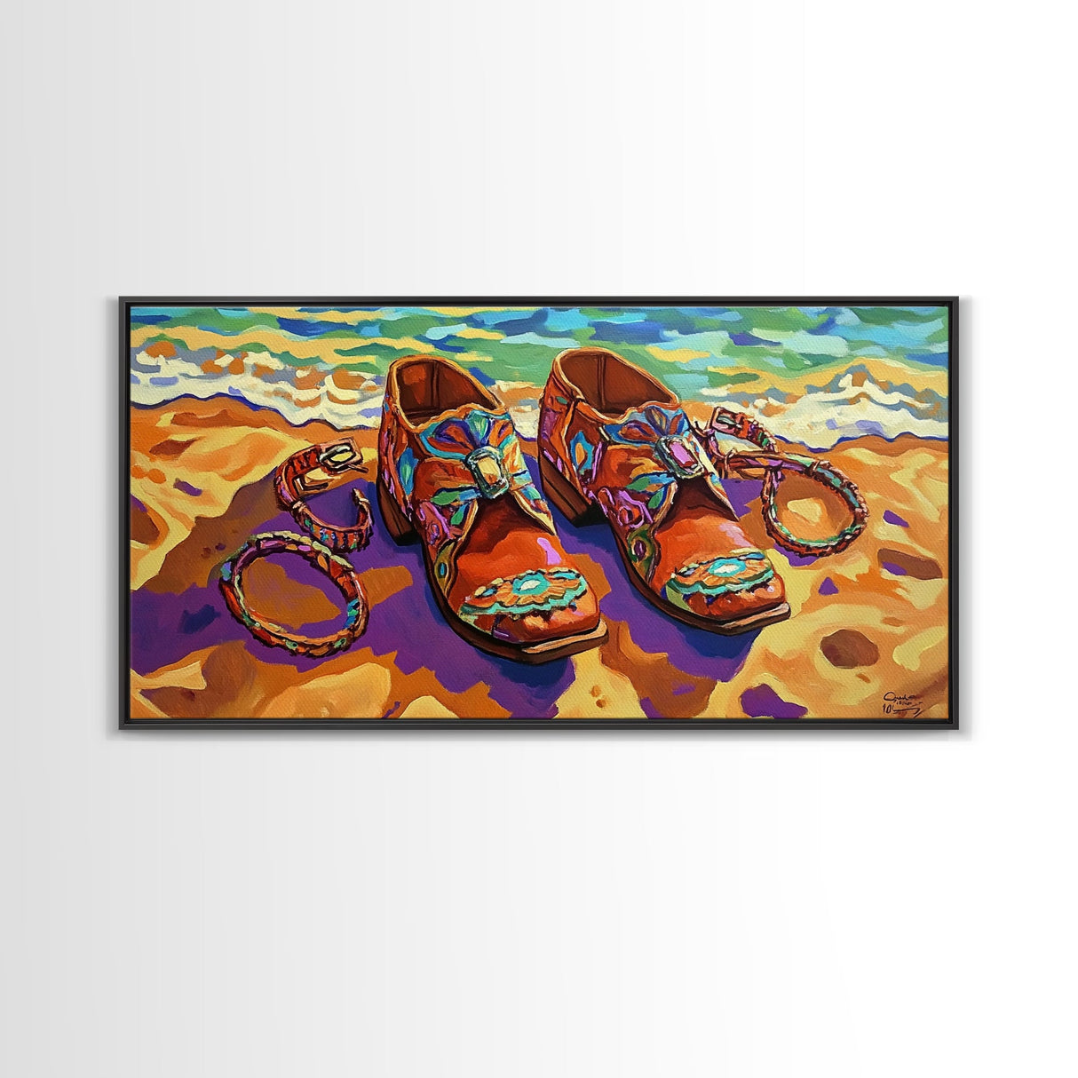 Shoes Beach, Jewelry, Colorful, Framed Canvas Print, southwest fashion art, boutique style, walk-in closet art, fashion studio wall art