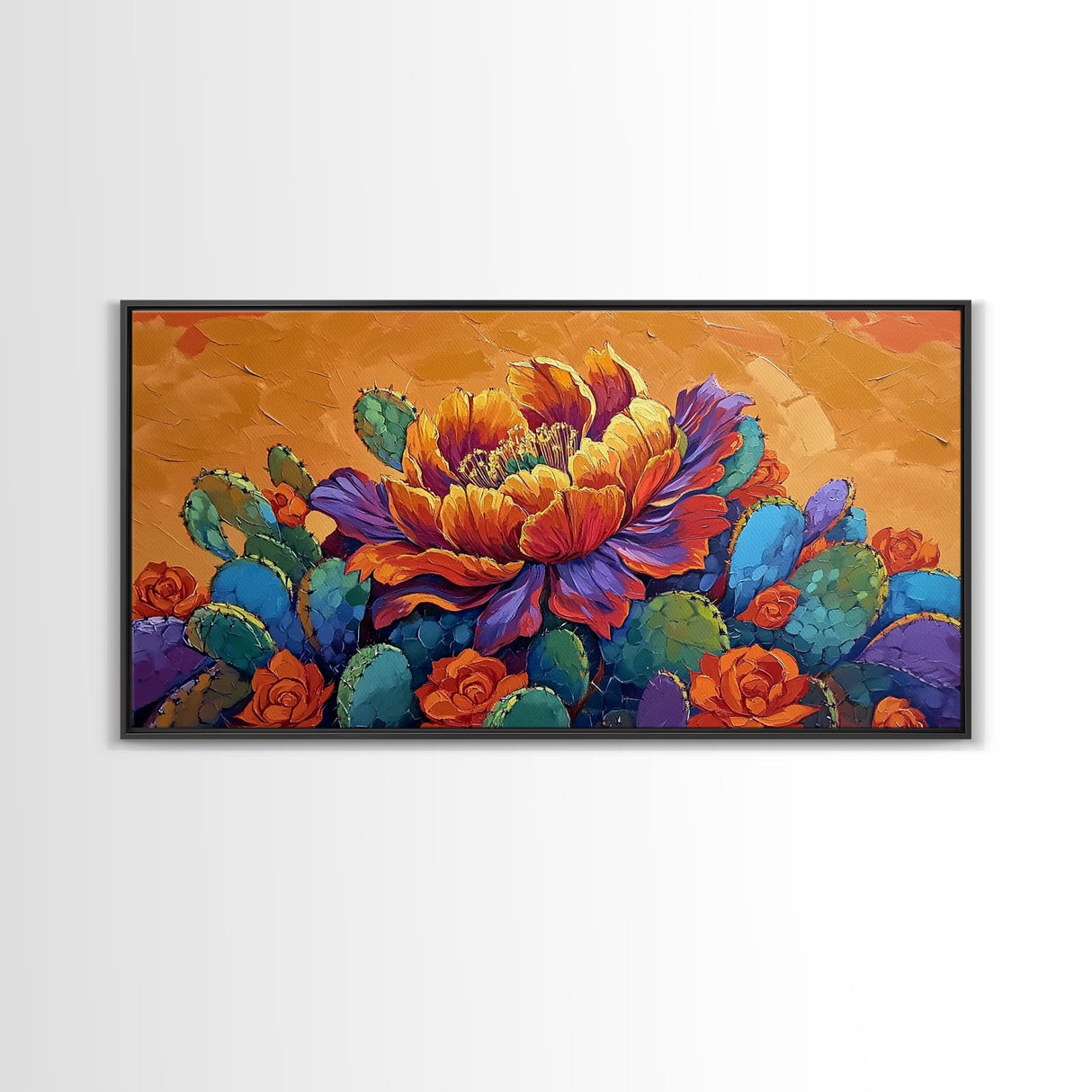 Cactus Bloom, Bold, Flowers, Blooming Cactus Flower Framed Canvas Print, Colorful Botanical Wall Art, Kitchen Boho Decor, Desert Art