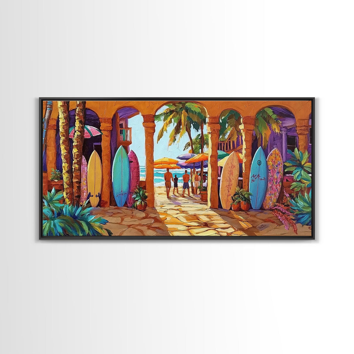 Surfboards Beach, Tropical, Colorful Life, Framed Canvas Print, Coastal Art, Entryway Wall Decor, Surf Shack Vibes, Tropical Summer